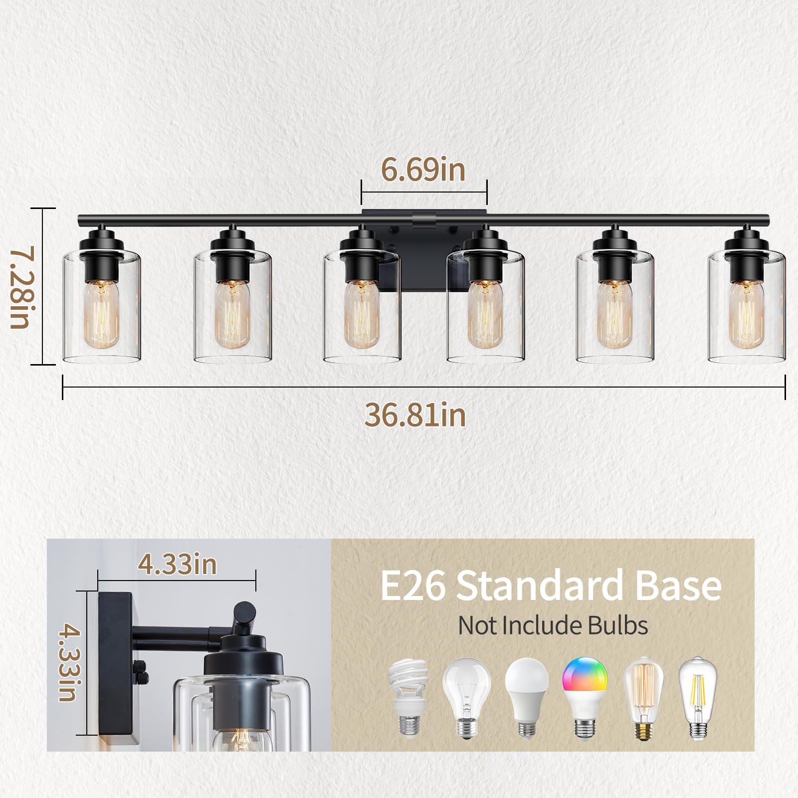 Bathroom Vanity Light Over Mirror,Vanity Light For Bathroom,Bathroom Light Fixture Wall Sconce Lighting For Bedroom,Living Room (Black, 6-Light)