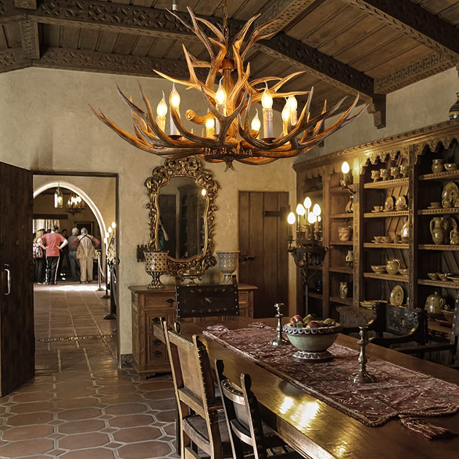 AUNLPB 8-Light Antler Chandelier, Rustic Deer Horn Light Fixture, Brown Resin, 14 Arms for Dining Room, Kitchen, Cafe