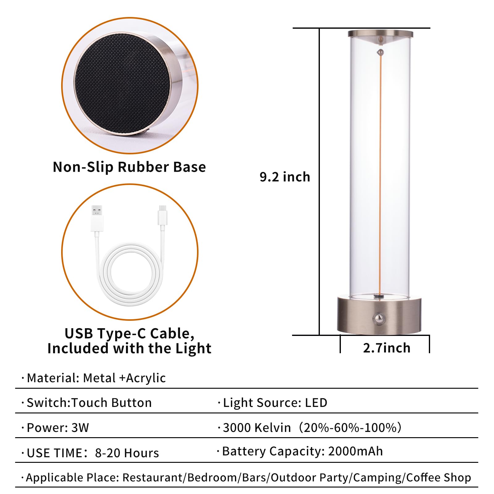 baishezhuan Cordless LED Table Lamp, Rechargeable, Touch Sensor, Dimmable, Silver, Model C-002