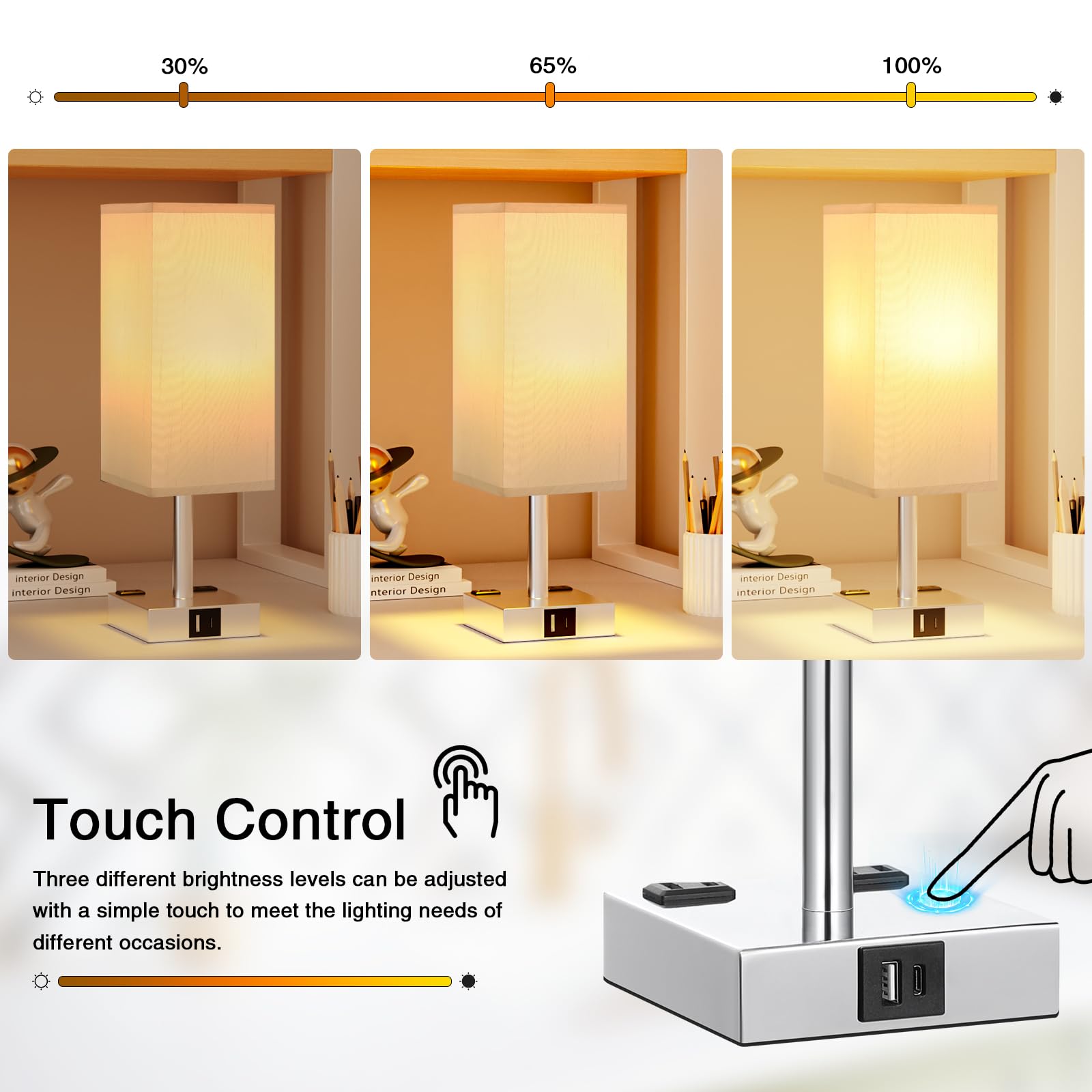 Aooshine Touch Bedside Table Lamp - 3-Way Dimmable, USB A & Type C Ports, AC Outlets, 14in, Blanched Almond & Silver, Model