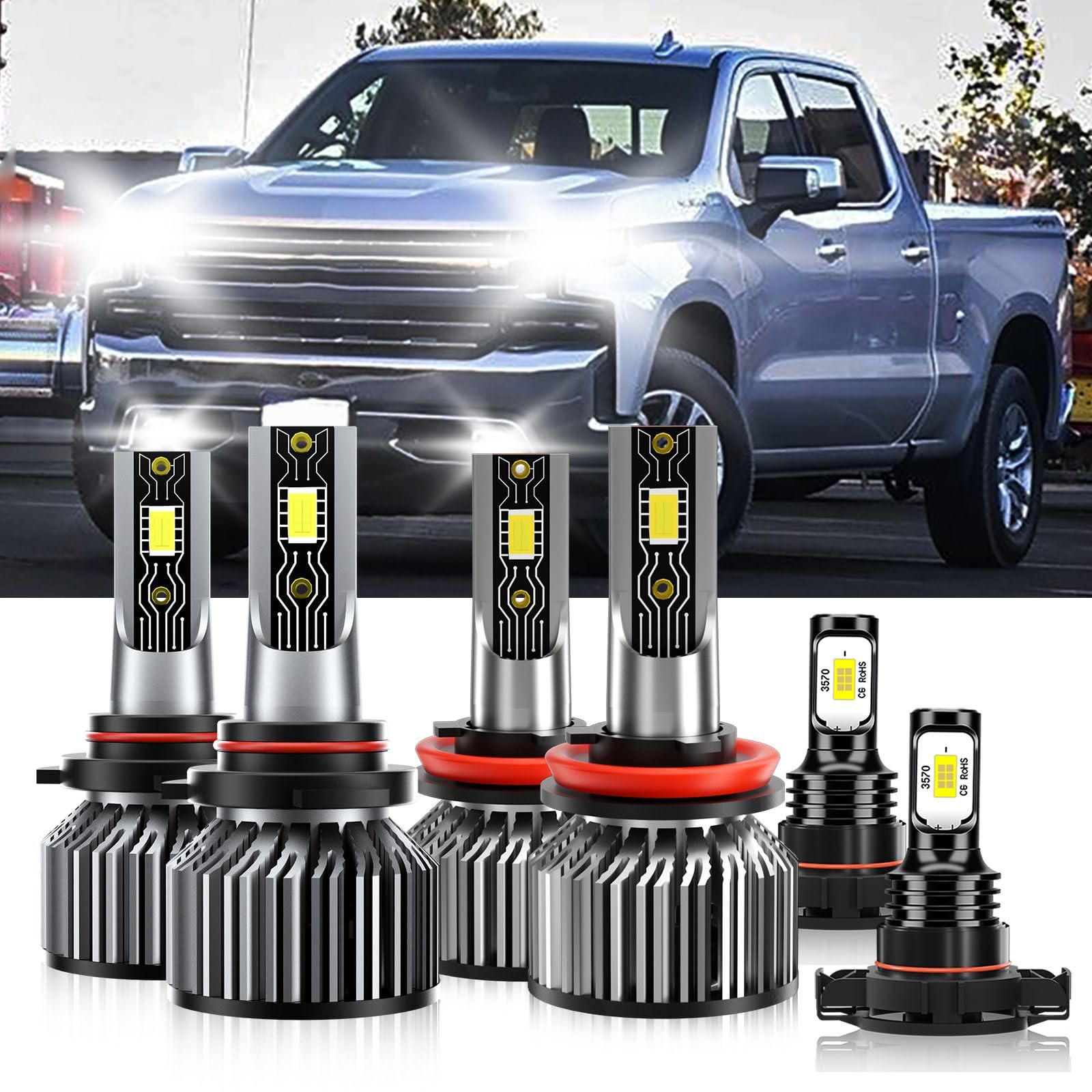 TXBILMOO 9005 H11 Fog Light Bulbs, 600% Brightness, 6500K White, Plug and Play, IP68 Waterproof, Pack of 6 for Silverado