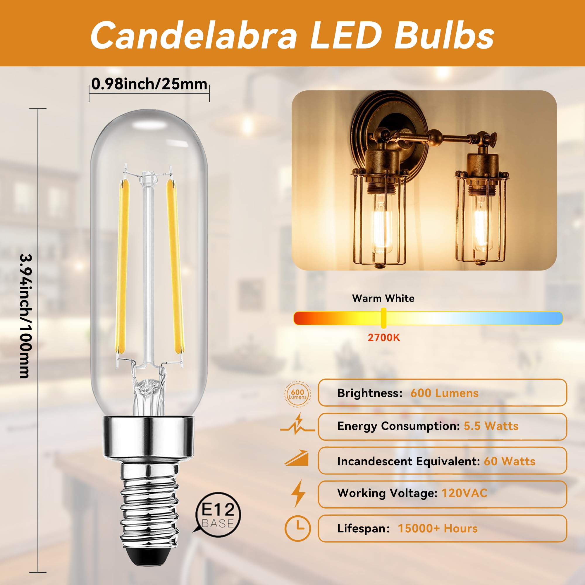 Tjoy E12 T6 Candelabra Led Bulbs, Dimmable 5.5W Equivalent 60W 2700K Soft Warm White, Small Base Clear Light Bulb, Vintage Ediso