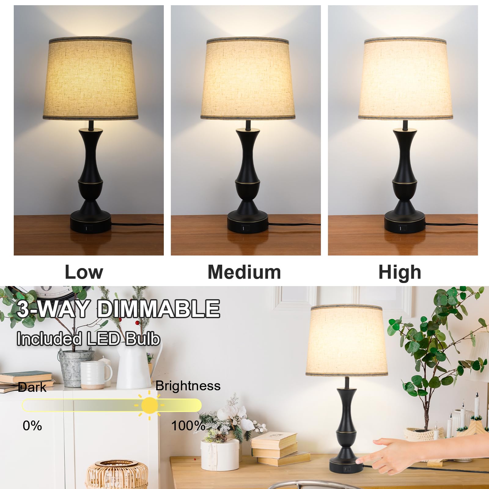 Touch Lamps For Bedrooms Set Of 2, Farmhouse Table Lamp With Usb C Charging Port, 3 Way Dimmable Nightstand Lamps With Linen Fab