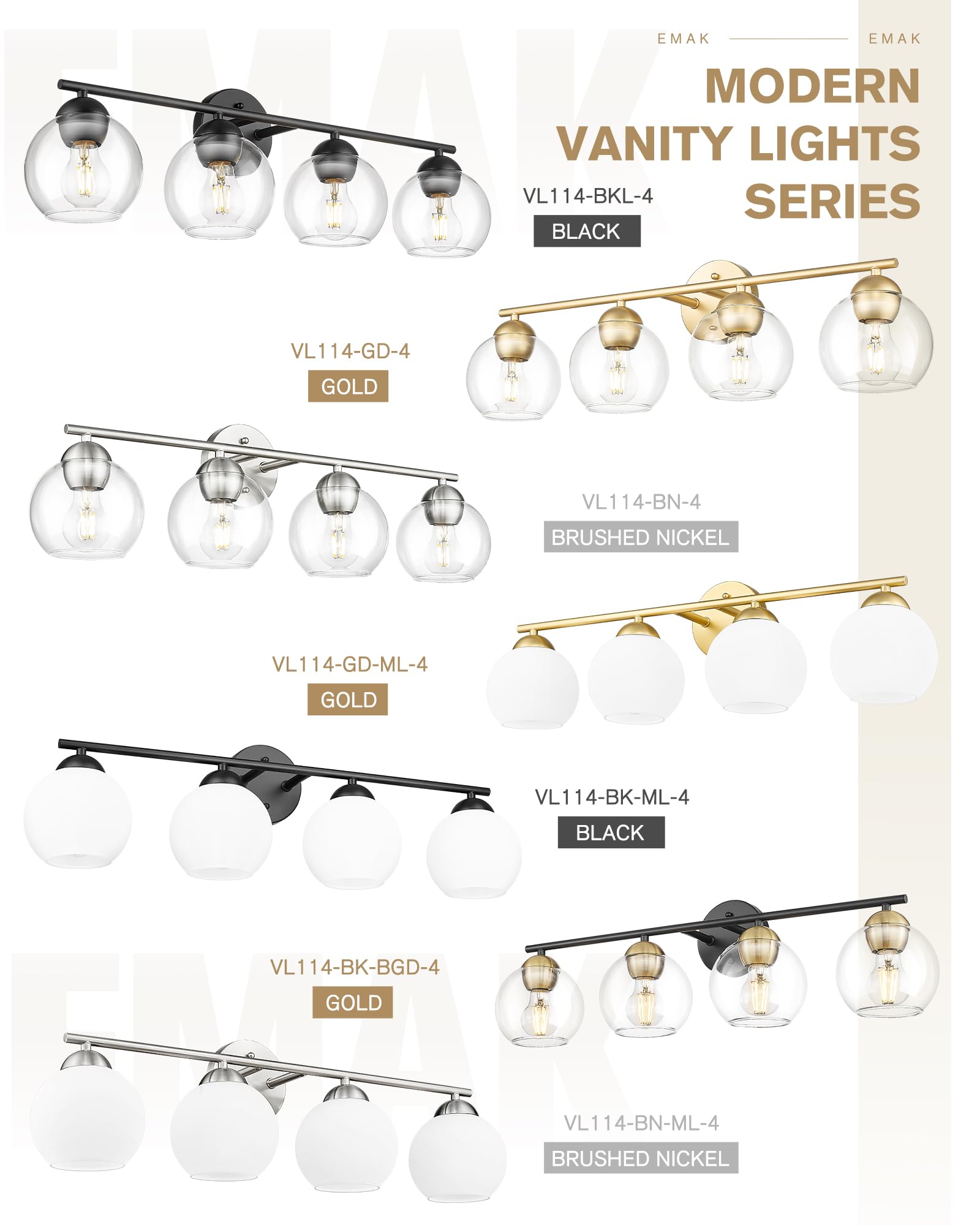 Emak Mak 4-Light Bathroom Vanity Light  29 Inch Brushed Nickel Bathroom Light  Globe Vanity Lighting With Clear Glass Shade For Bath  Vl114-Bn-4