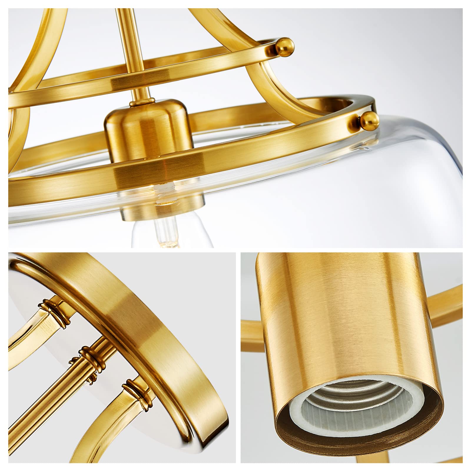 Wuzups Rustic Industrial Round Ceiling Light Fixture, Brushed Gold, Clear Glass Shades, 11.8&quot; H