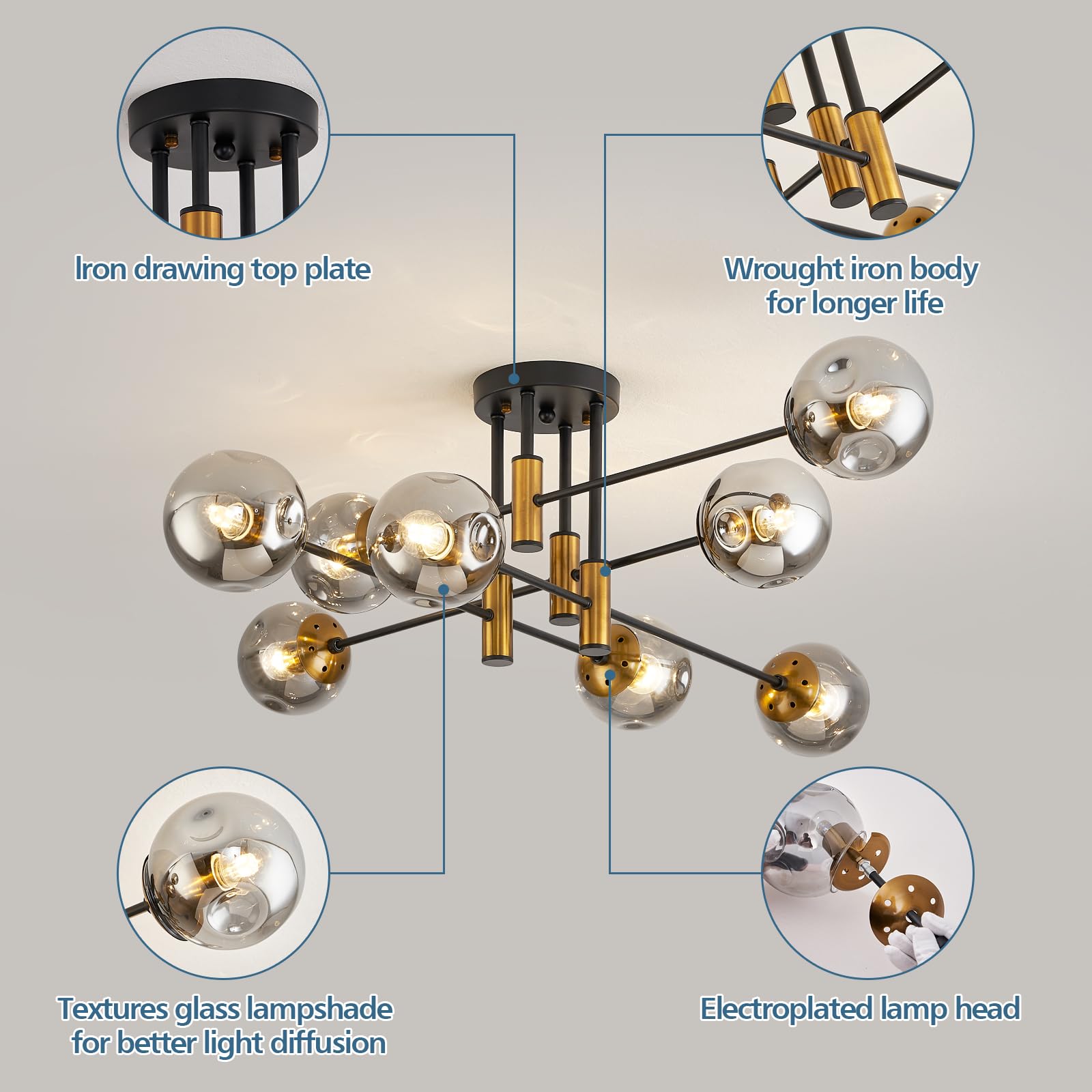 DDLLDESHI 8-Light Sputnik Ceiling Light Fixture, Modern Glass Globe Chandelier, Black Metal for Dining Room, Bedroom, Kitchen