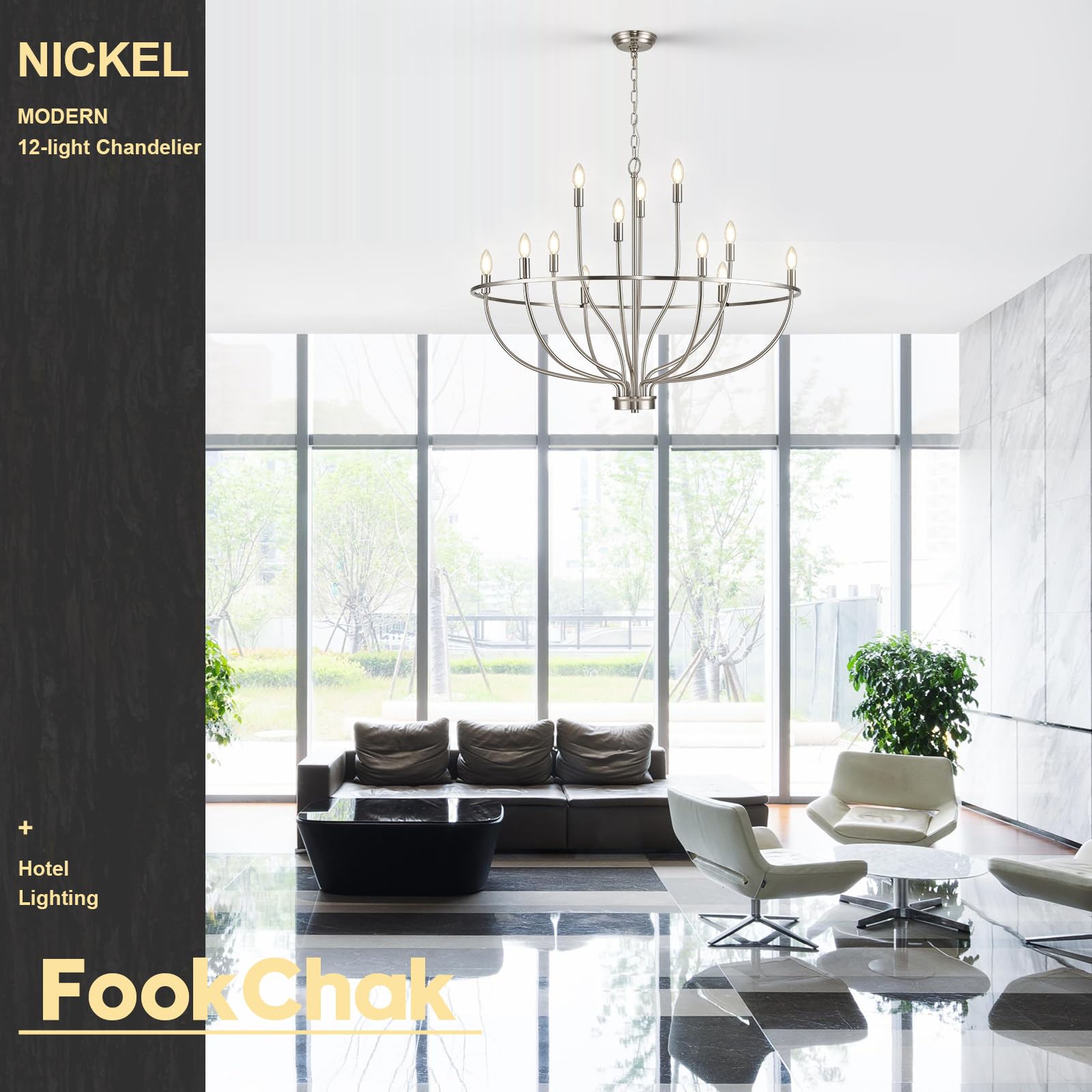 Fookchak Brushed Nickel Chandelier, 6-Light Dining Room Chandelier Chrome Light Fixture Metal Candle Kitchen Chandeliers 28Inch Round Chandeliers With Long Chain For Bedroom Living Room