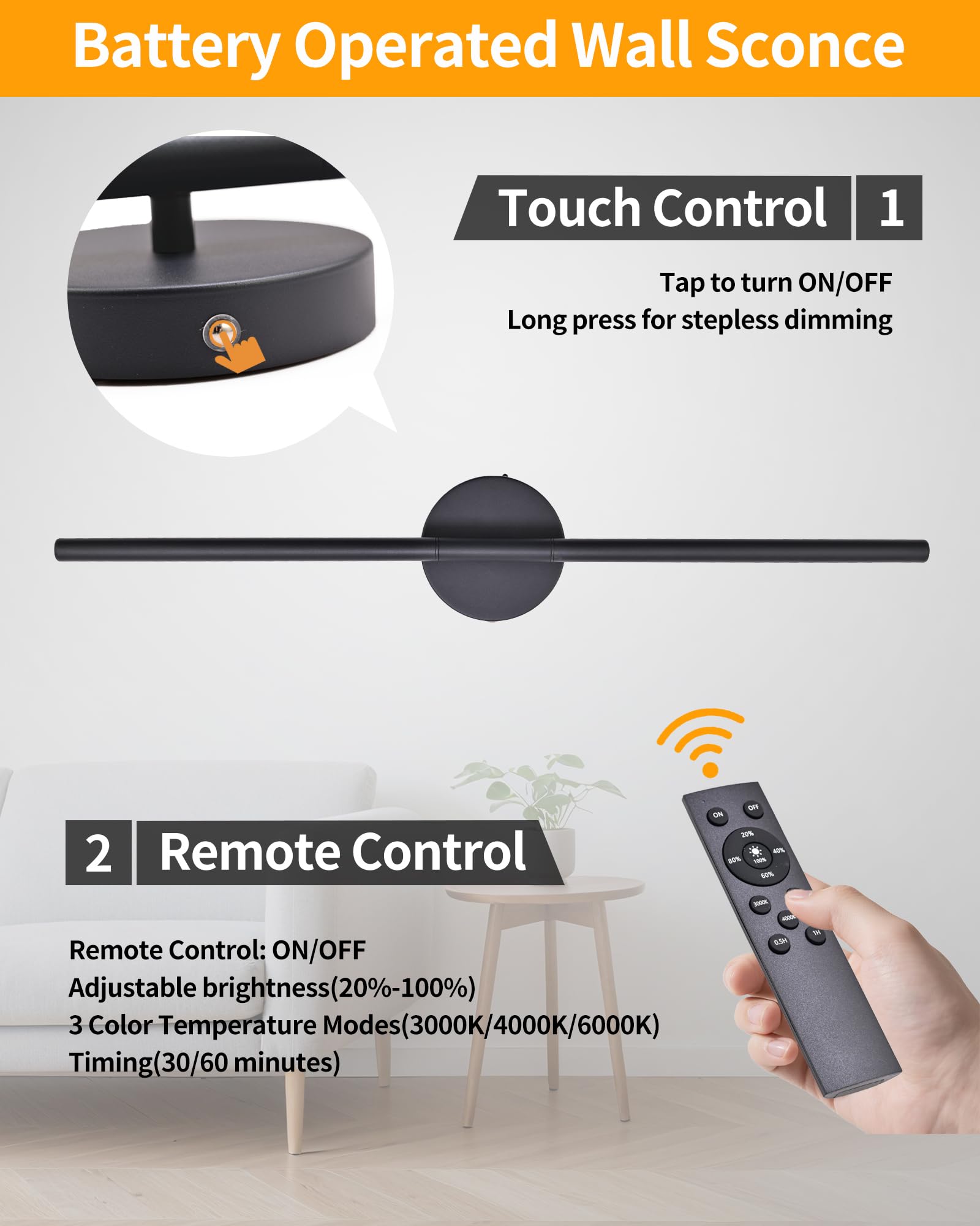 HCJIAJING Wireless Wall Sconces Set of 2 Led,28Inch Battery Operated Wall Lights with Remote Control,360Rotate Dimmable Wall Lam