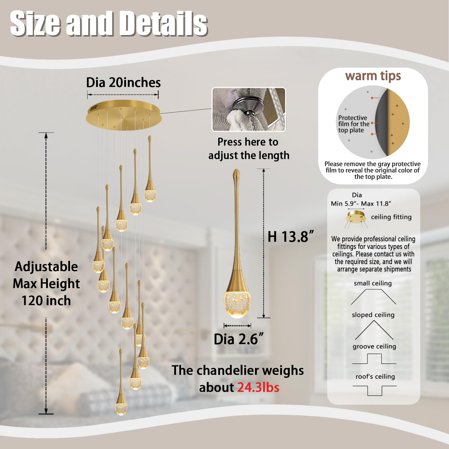 Ykolupty 12-Lights Staircase Chandelier 120In Gold Chandelier For Sloped High Ceiling Raindrop Pendant Chandelier For Living Room Foyer Hallway Villa