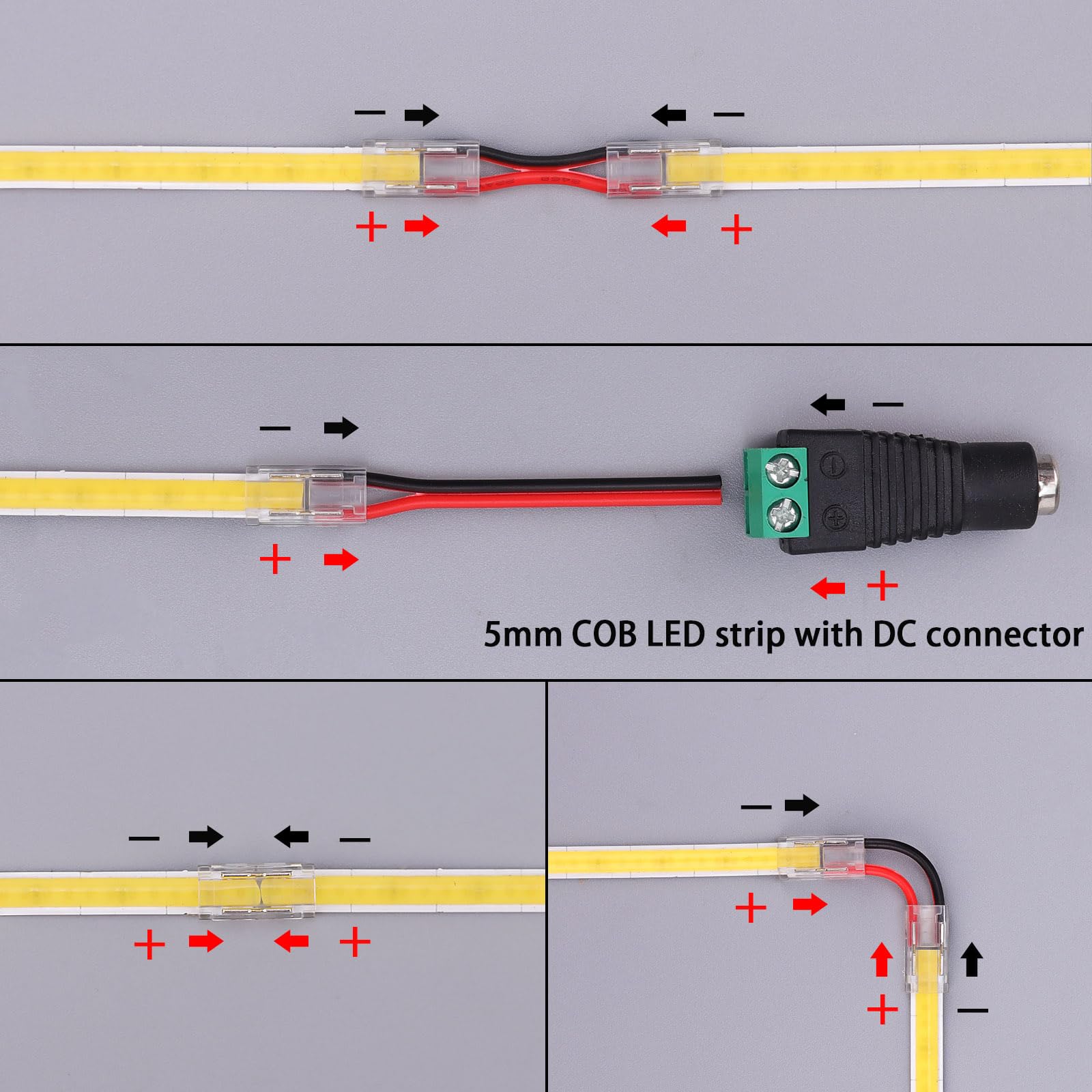 Topai 2 Pin 5Mm Cob Led Strip Connectors Transparent Solderless, 8 Pcs Strip To Strip, 22 Pcs Strip To Wire, 11 Pcs 22Awg 15Cm/5