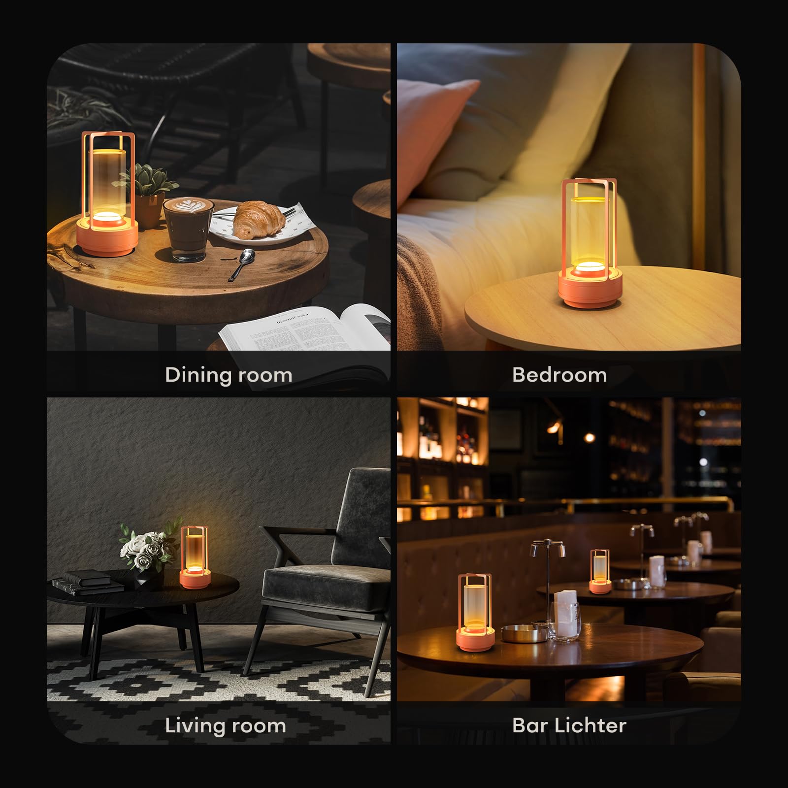 HAPYGI Portable Metal Table Lamp, Rechargeable LED, 3-Colour Dimming, 3.54 x 3.54 x 7.08 inches, Orange, Model A-L