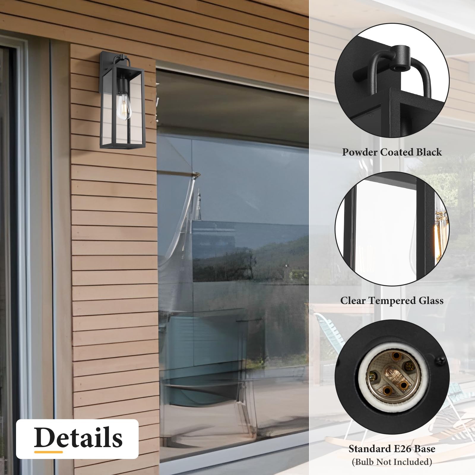 Diyel Outdoor Wall Sconce Lights, 16 Inch Tall Transitional Exterior Wall Light Fixtures With Clear Glass, Anti-Rust Modern Black Outside Wall Lanterns For House Front Porch Doorway Patio, 2 Pack