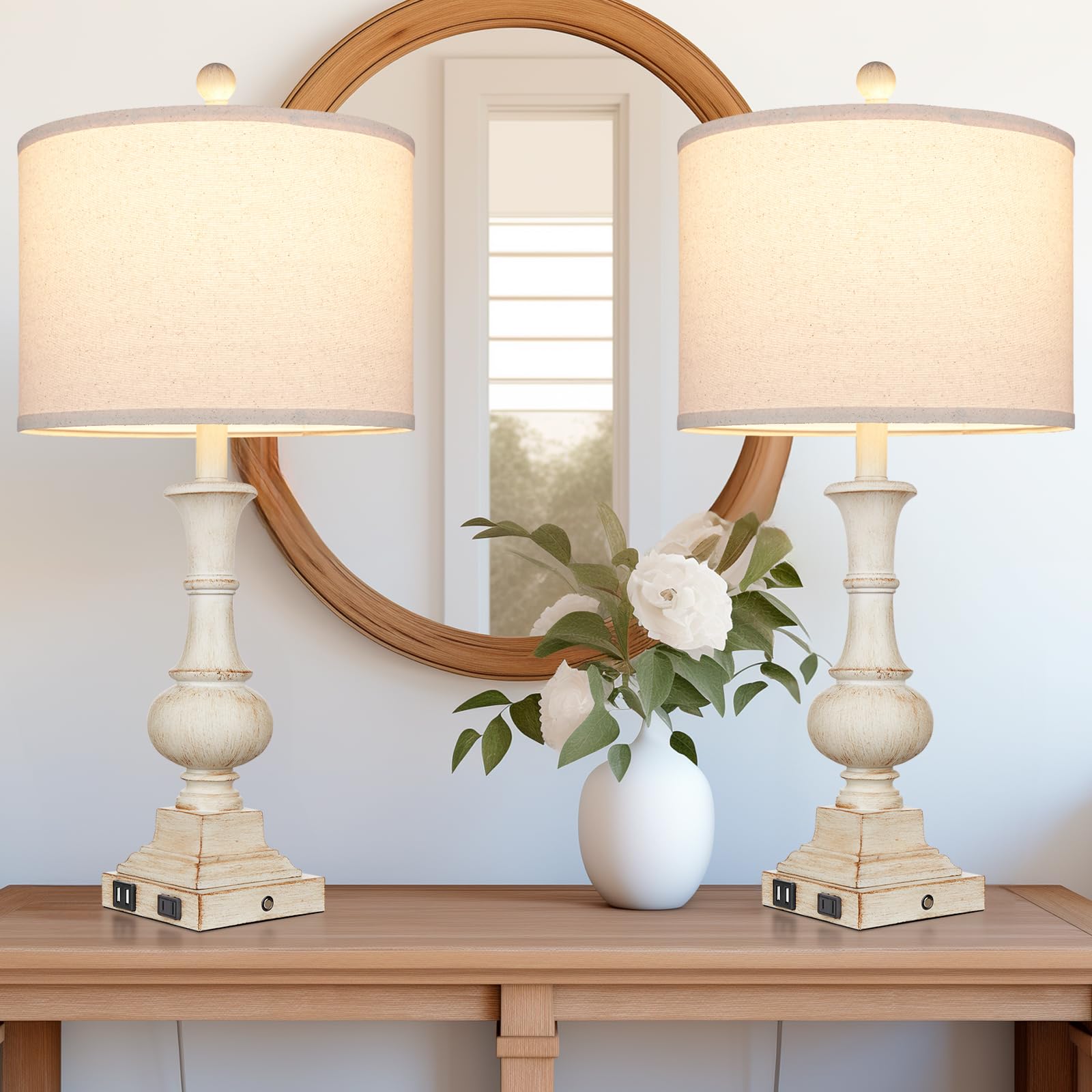 26'' Farmhouse Table Lamps, Table Lamps For Living Room Set Of 2 With Usb A+C Ports & Ac Outlet, Vintage Rustic Touch Control 3-