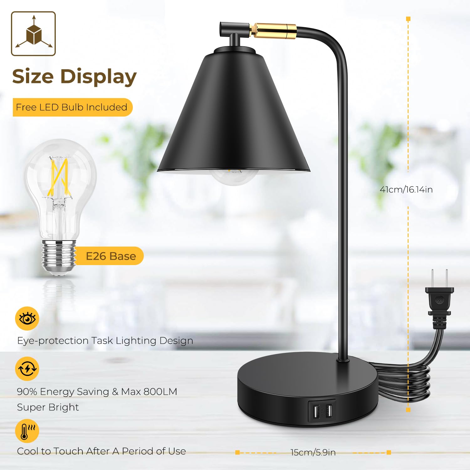 Brightever Industrial Desk Lamp, Dimmable, 2 USB Ports, Touch Control, Black Metal, Model T0324-BK-27, Flexible Head, Bulb Included