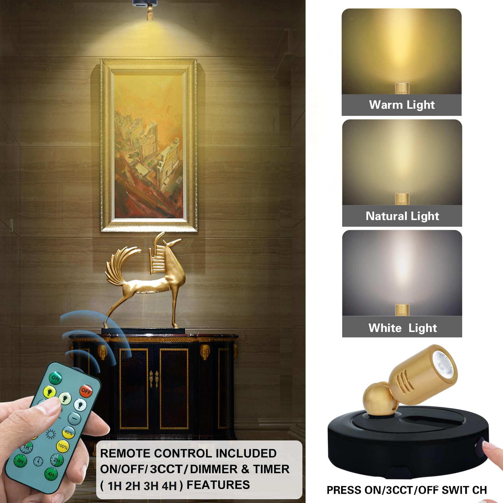 Hamvidne Led Spotlight, Battery Powered Picture Lights With Remote, Tree Uplight Indoor, 3 Lighting Modes Plants Spotlights, Dim