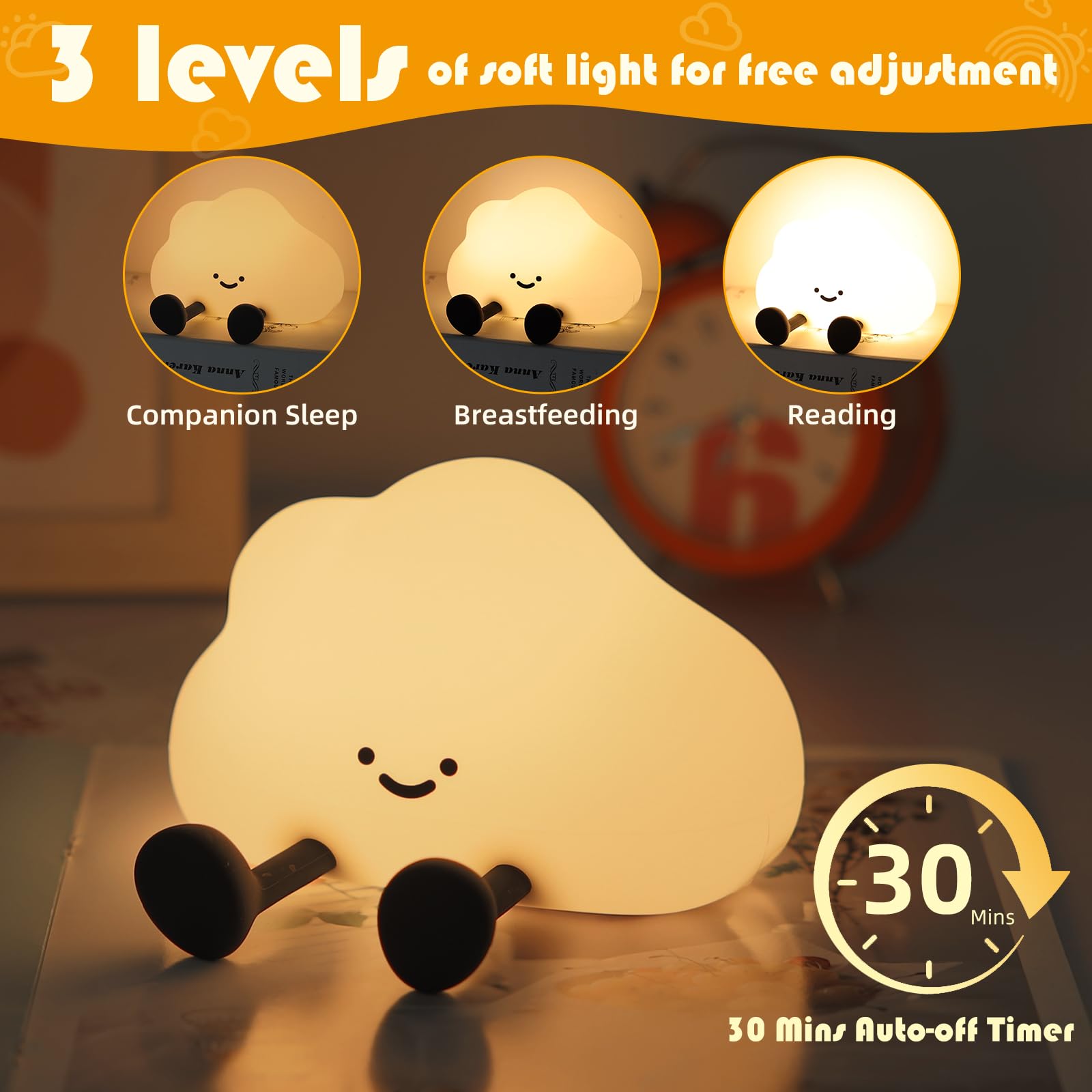 YISUN Cloud Night Light, Rechargeable LED Nursery Lamp, 3 Level Dimmable, Model A023, Cute Silicone for Kids Room Decor