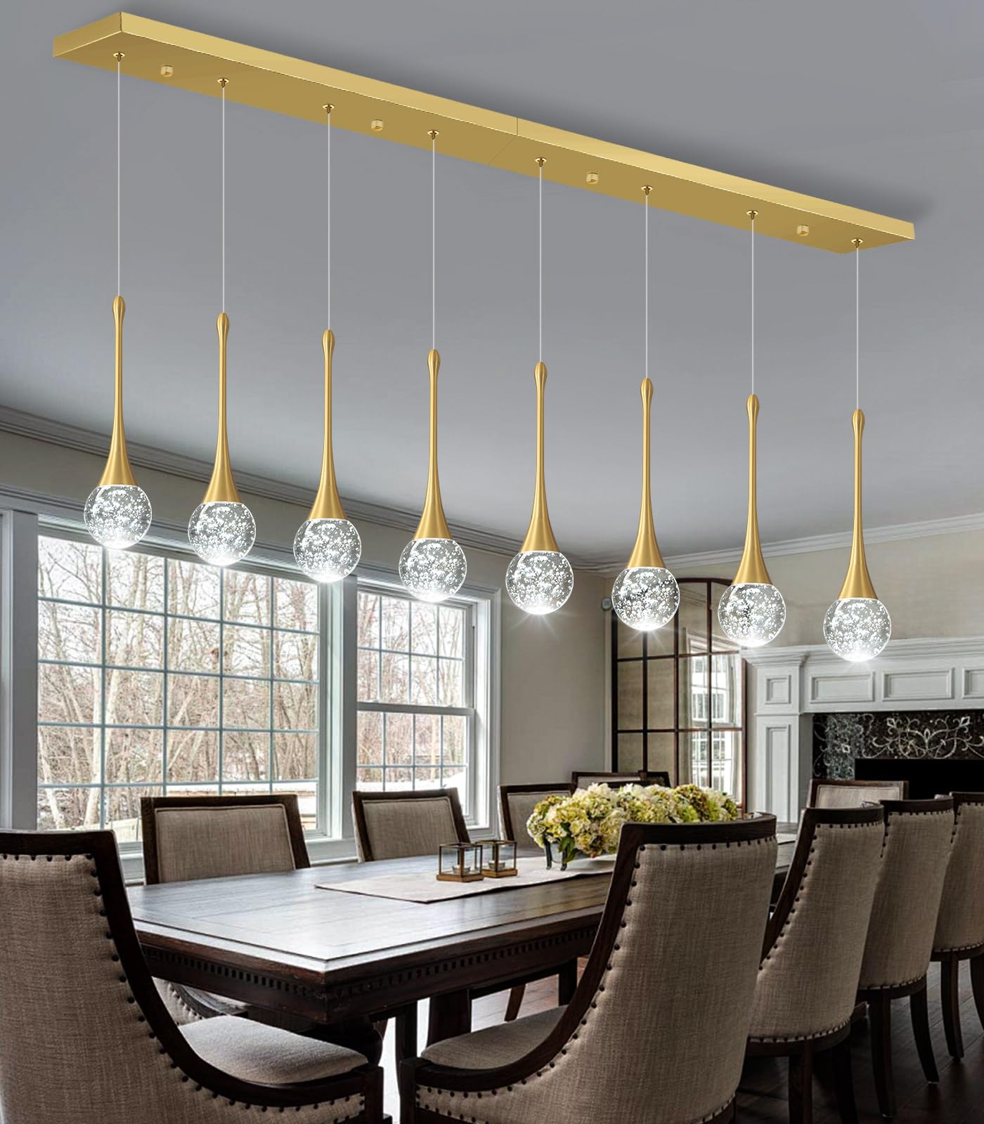 Cenozo 8 Light Rectangular Chandelier - Modern Glam Gold Crystal Pendant Light for High Ceilings, LED Dimmable, Model RS2037-8G-CT