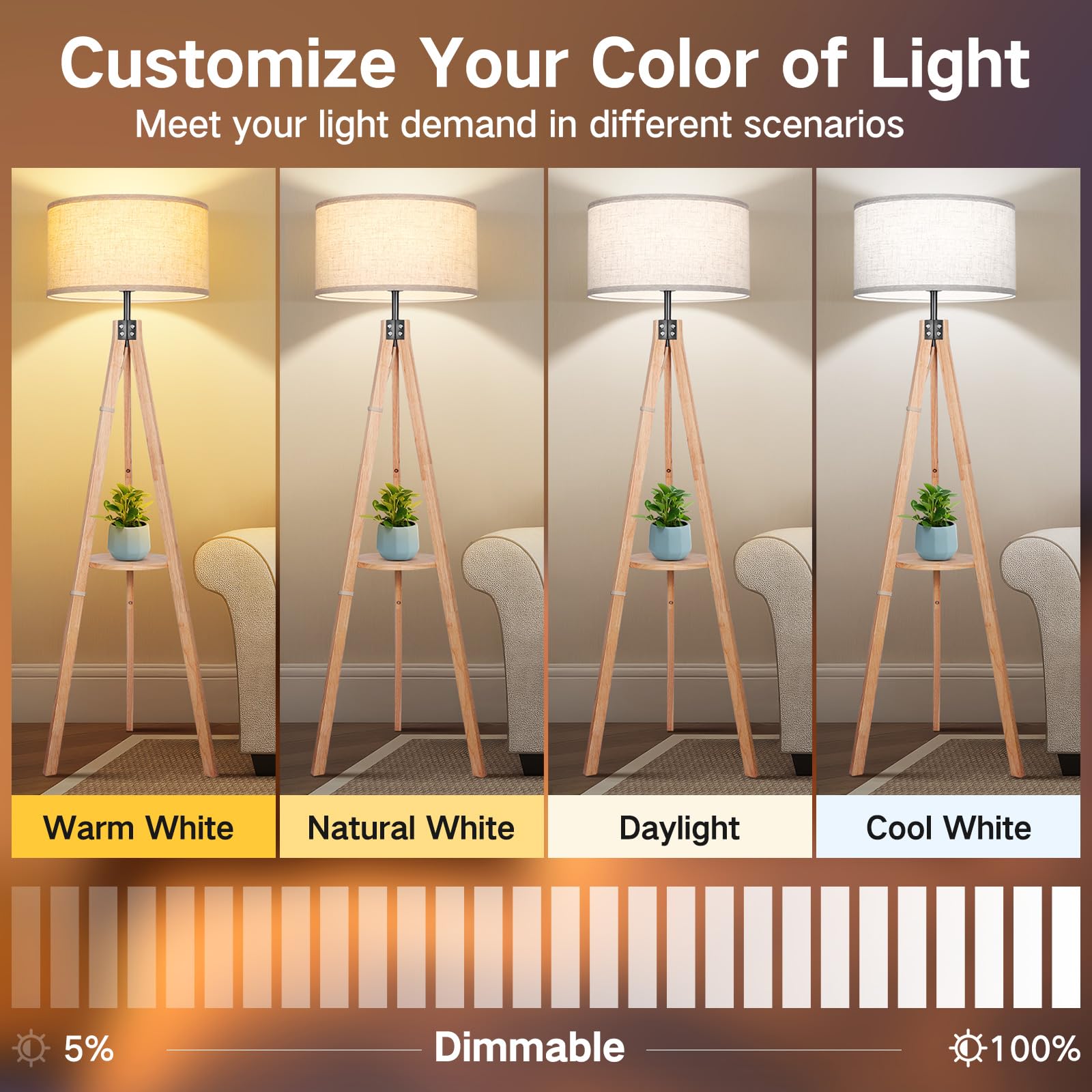 OUTON Dimmable Wood Tripod Floor Lamp with Shelves, Remote Control, 58.5in, Nature Wood, Includes E26 9W Bulb