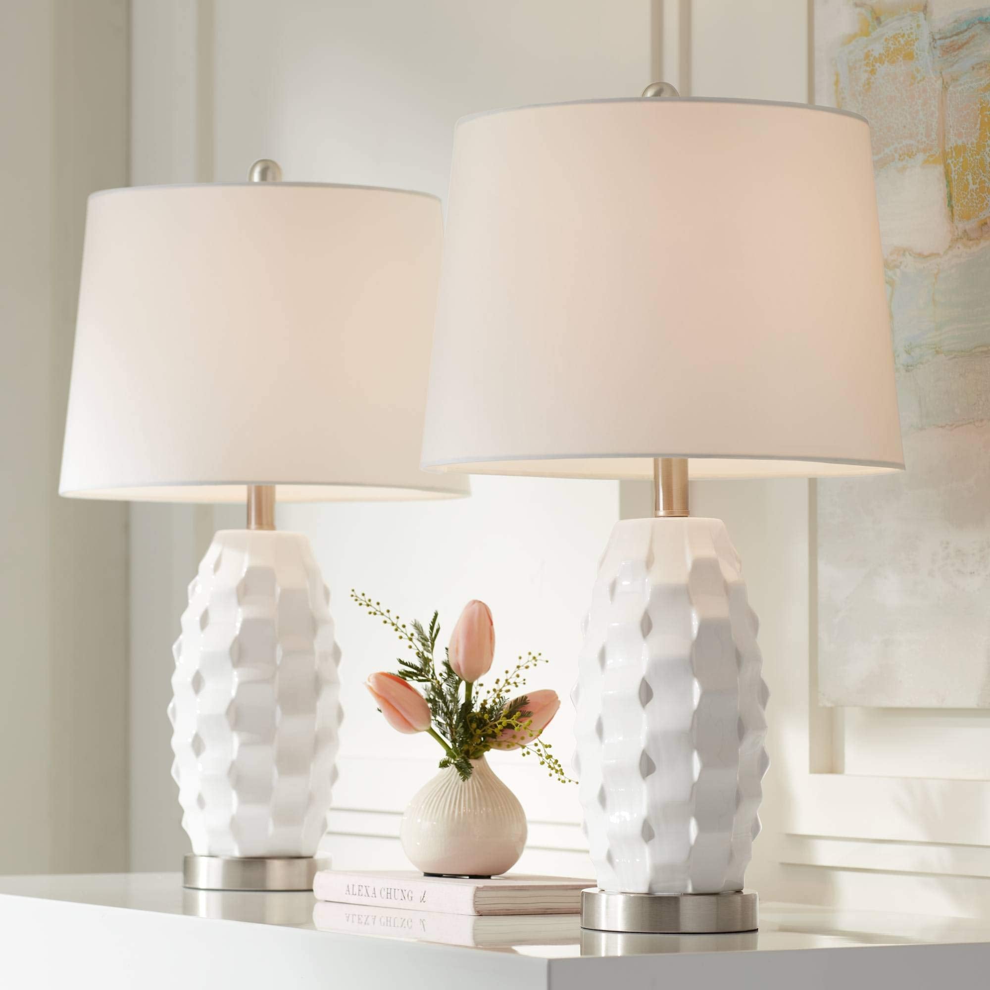 360 Lighting Accent Table Lamps Set of 2, 24.5in High, White Ceramic with Hardback Shade, Model 79G37