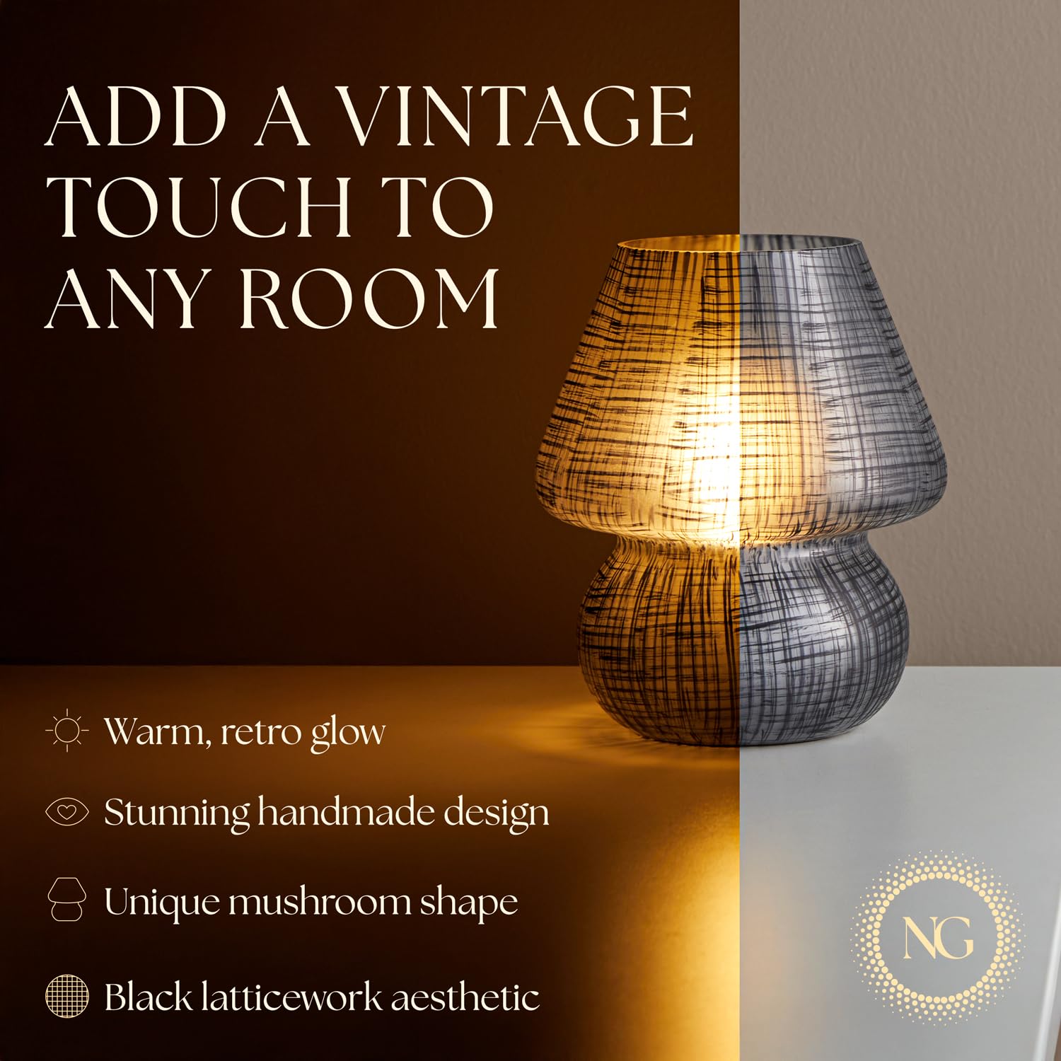 Next Glow Table Lamp – Modern Dimmable LED Night Light, Small, Glass, Black Lattice Glow, Model LT-0328-1