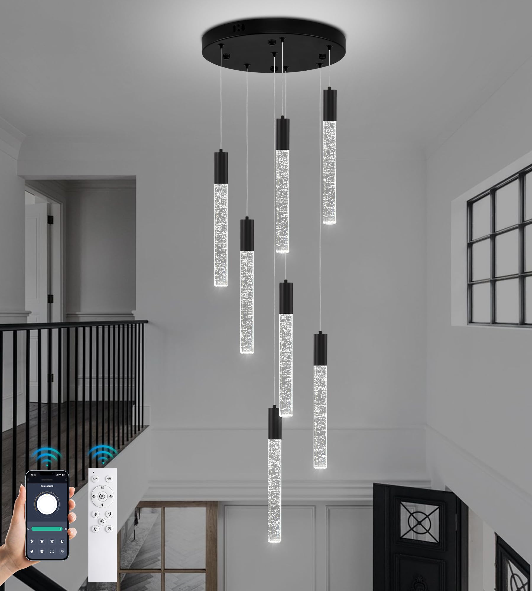Upfelw Modern High Ceiling Crystal Chandelier 7-Lights  Spiral LED Raindrop Foyer Pendant Lighting  Bubble Staircase Living Room Hanging Light Fixture Flush Mount Black