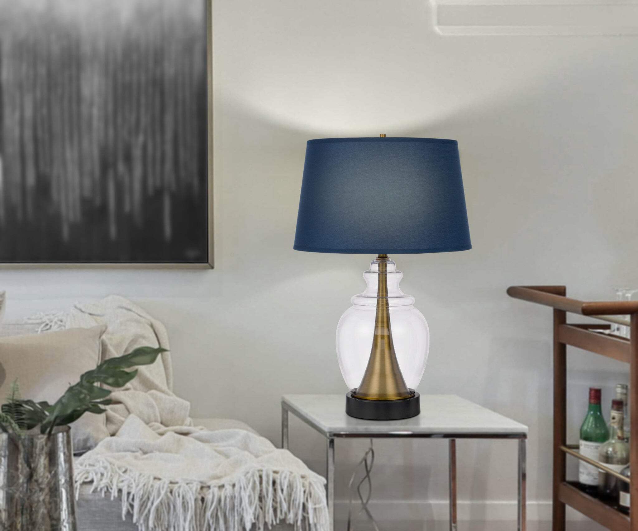 HomeRoots Table Lamp 30 in. Antiqued Brass & Glass with Navy Blue Empire Shade, Model 524720