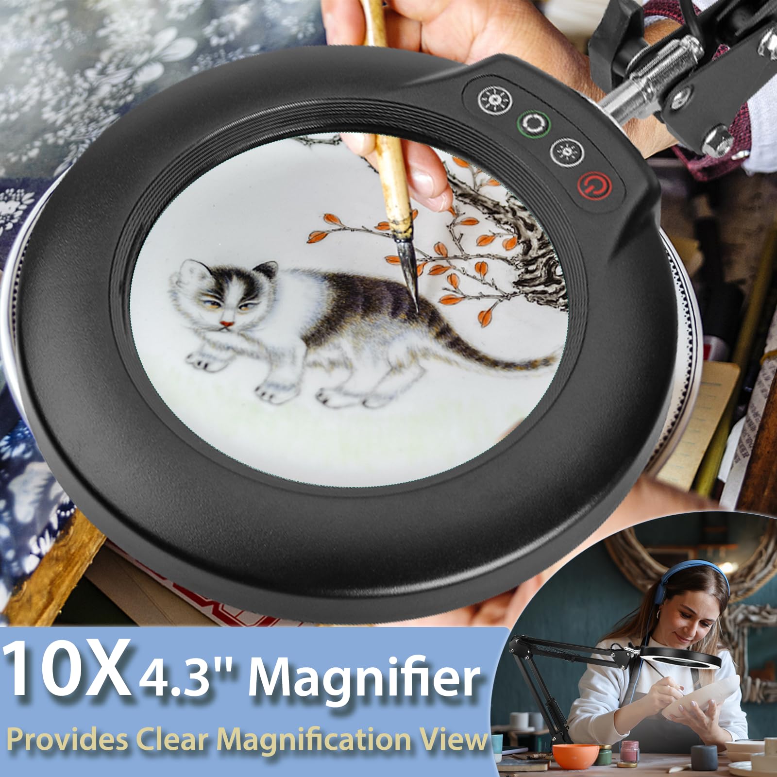 Drdefi 10X Magnifying Glass With Light And Stand, 2-In-1 Magnifying Desk Lamp Rectangular Base & Clamp, 5 Color Modes Stepless D