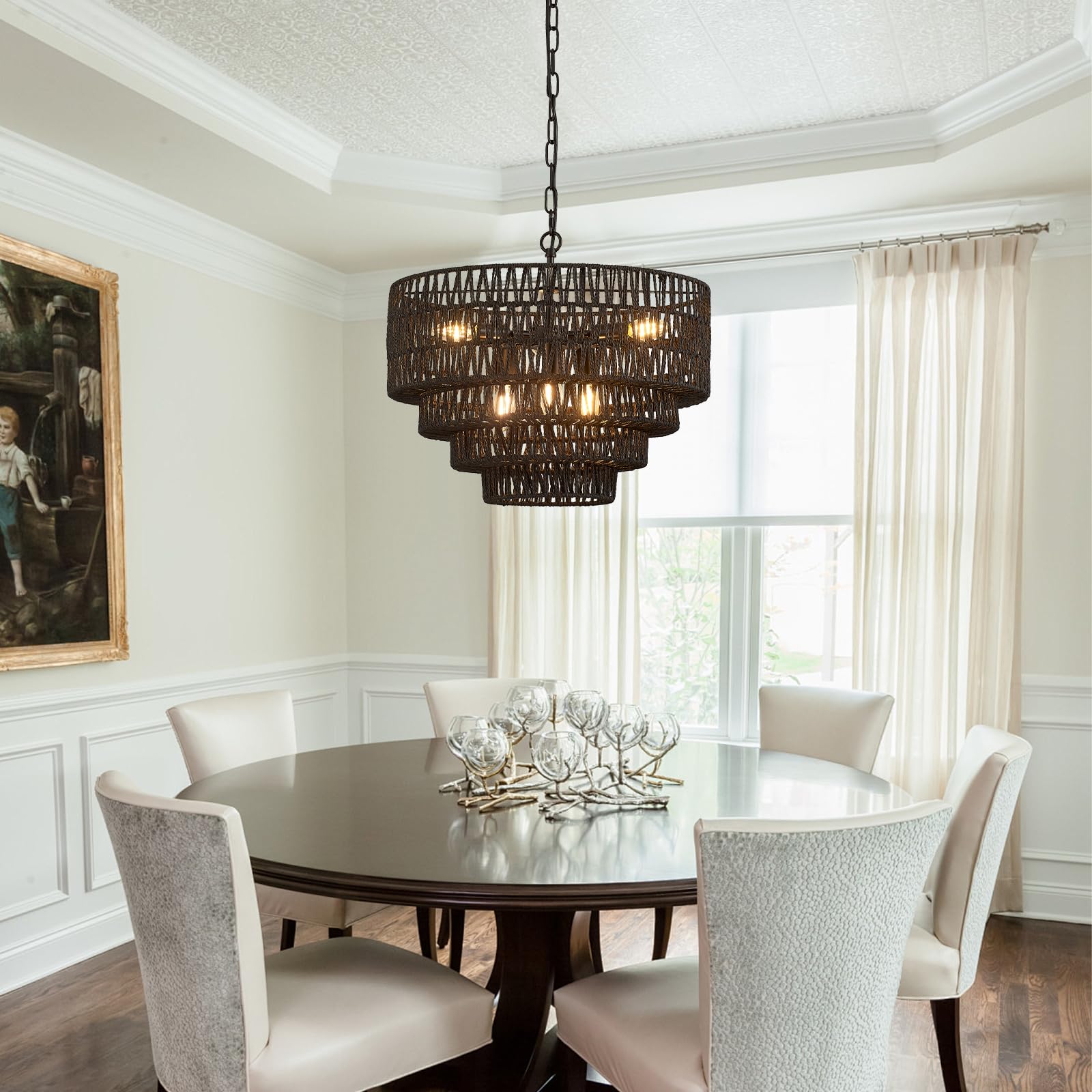 Yomecoo 19.7'' Black Rattan Chandelier Vintage 6-Lights Farmhouse Boho Hand-Woven Bamboo Black Chandeliers Light Fixture Retro D