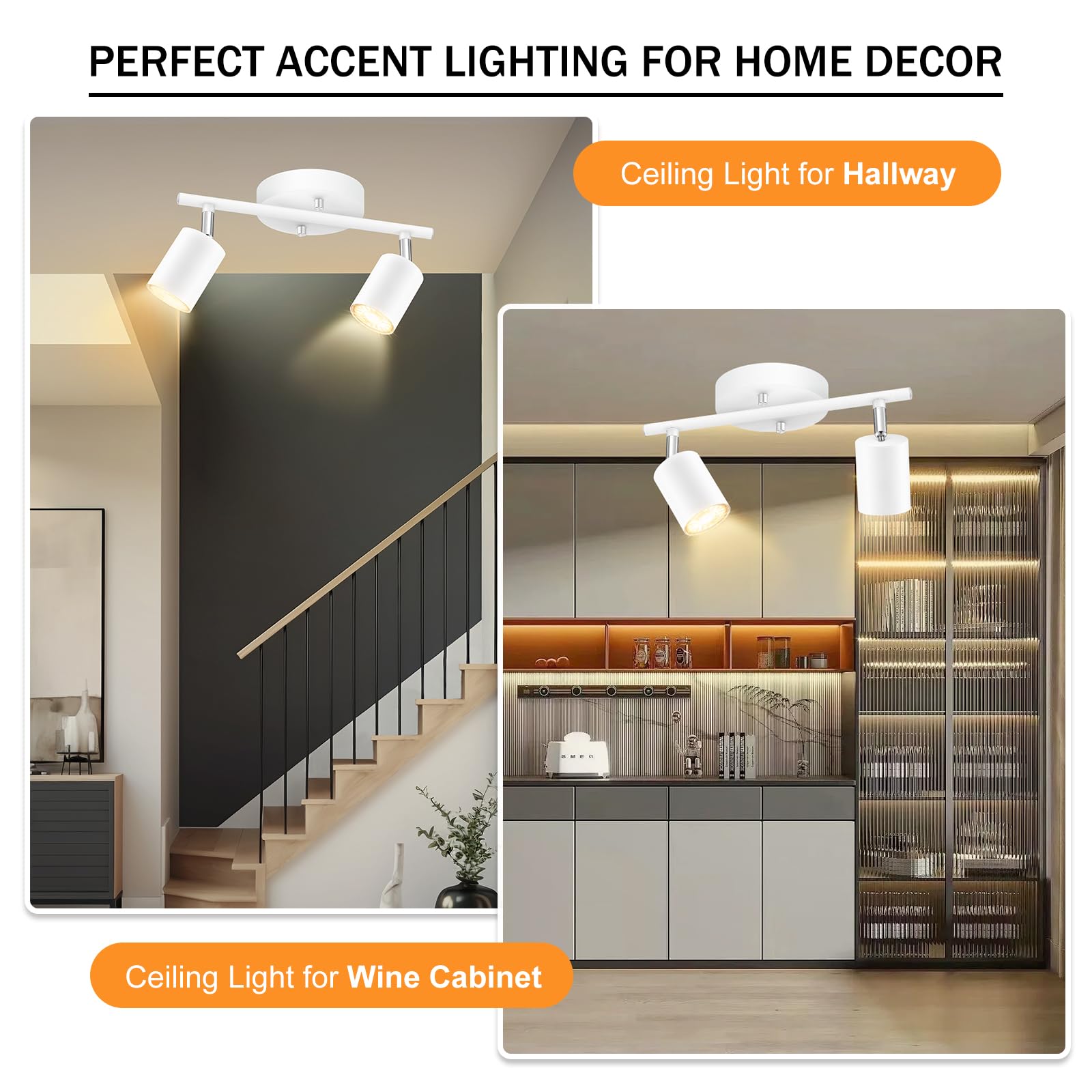 Track Lighting Ceiling, White 2 Lights Track Lighting For Kitchen, Modern Track Lights Fixtures Ceiling Kit, Rotatable Track Hea