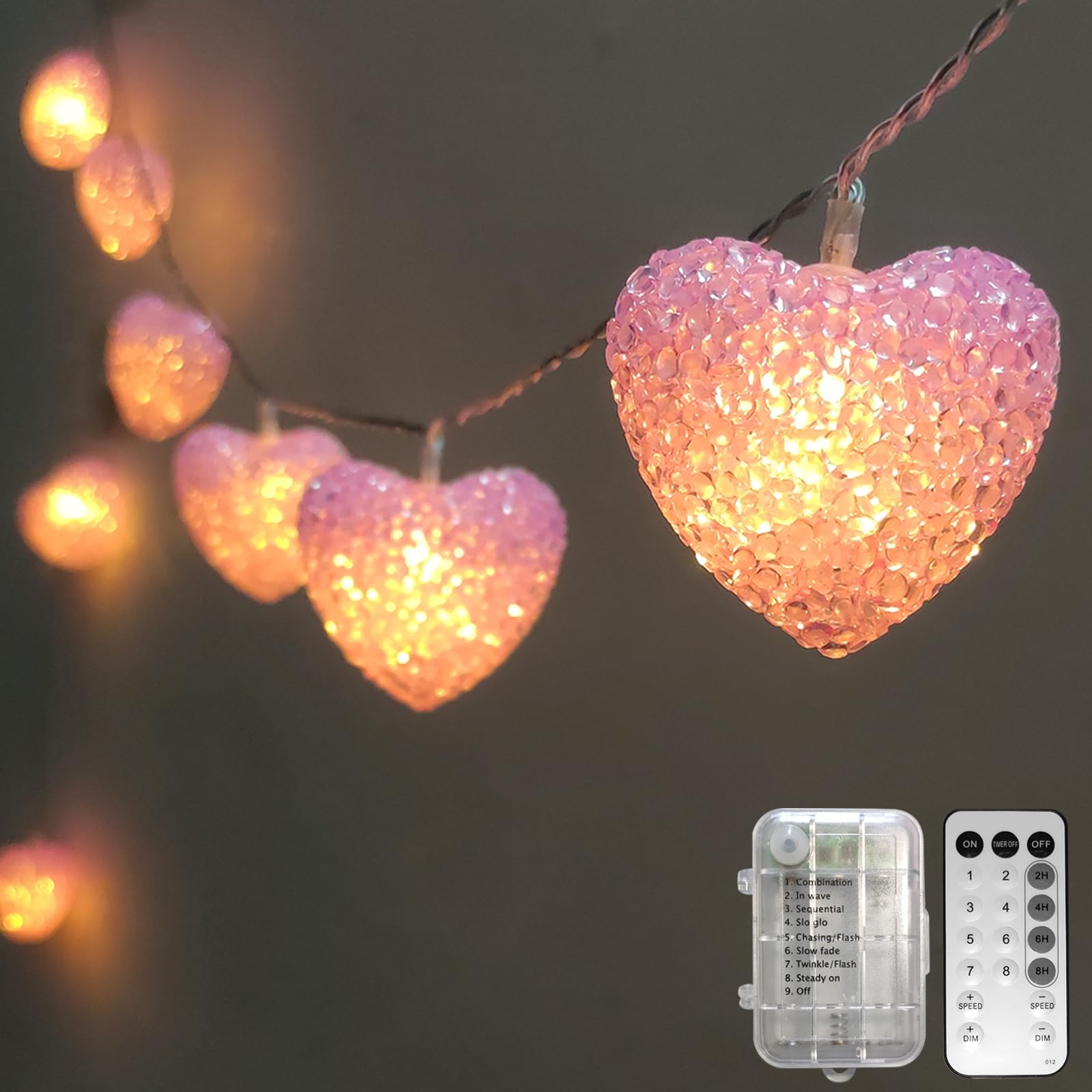 Valentines Heart String Lights Battery Operated 6.8Ft 10 LED Shatterproof Pink Heart Lights with Remote Timer, Indoor Outdoor He