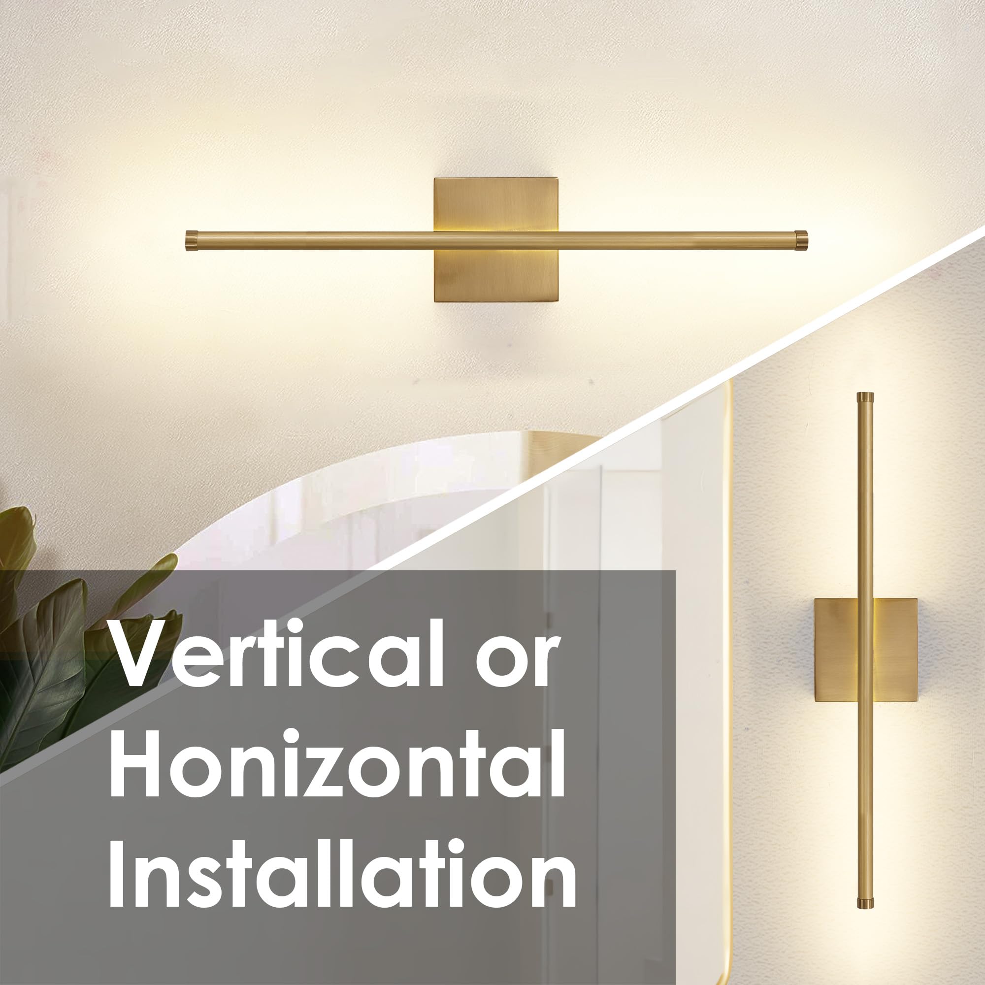KARTOOSH Dimmable Wall Sconces Set of Two, 24.4" Matte Gold LED Fixtures, 350° Rotate, 3000K Warm Light, Model 06H
