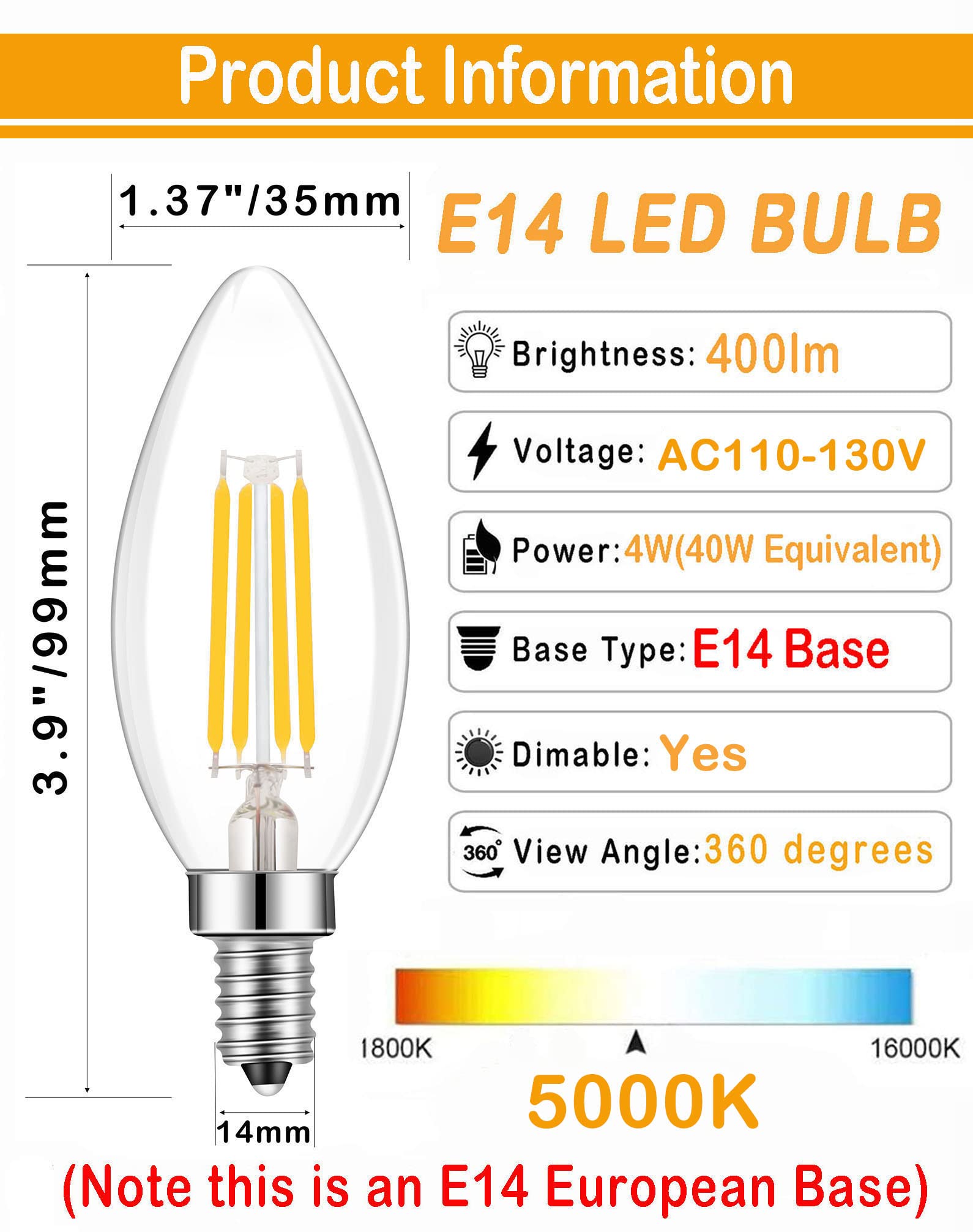 Lamsky E14 Led Bulb Dimmable,110V 400Lm 40W Equivalent Daylight White 5000K,E14 European Base Candelabra Bulbs,C35 Clear Vintage