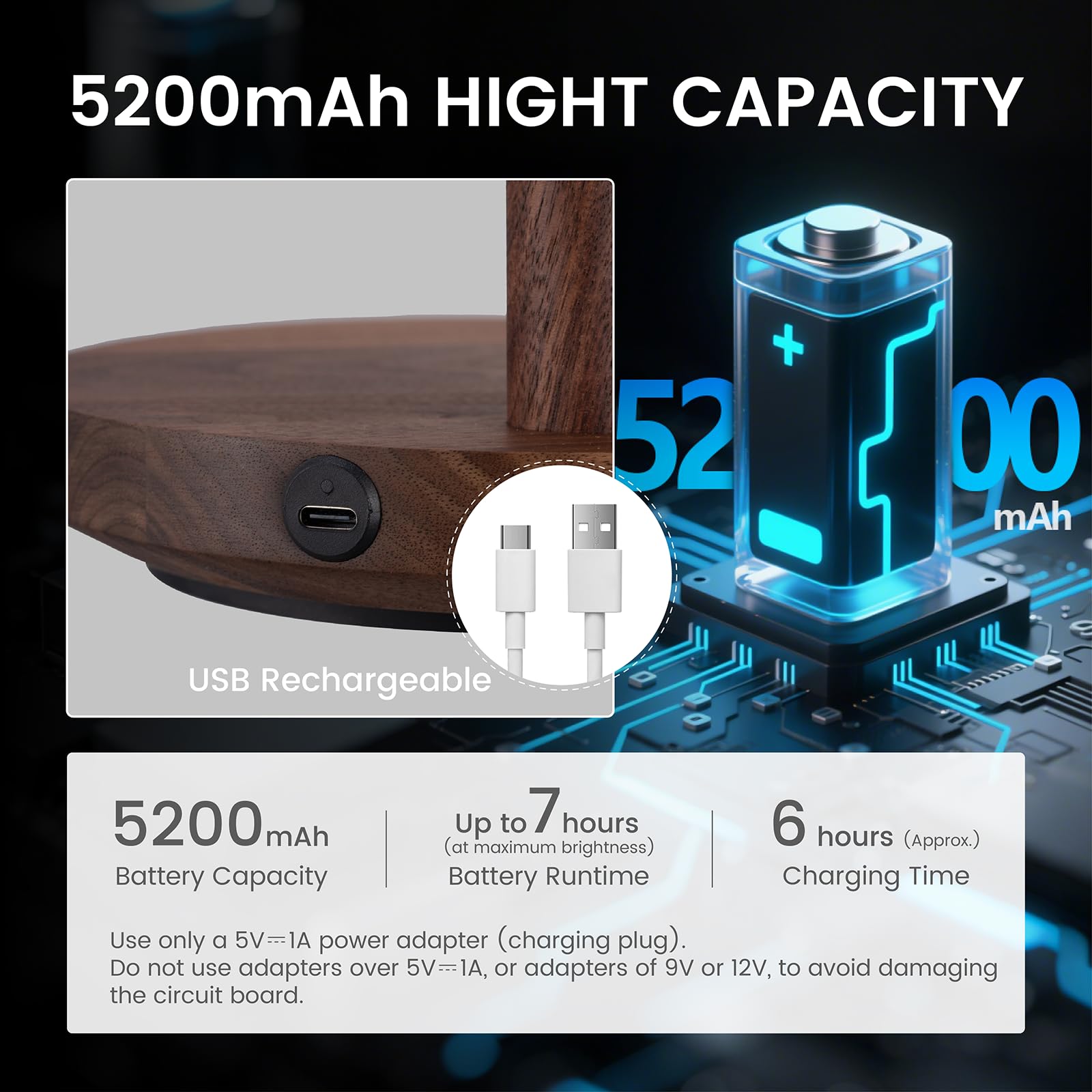 Vadifula Cordless Table Lamp  Rechargeable Wooden Table Lamp With Touch Control & Adjustable Brightness  Cordless Decorative Bedside Lamp For Bedroom  Home Decor & Unique Gifts  Black Walnut