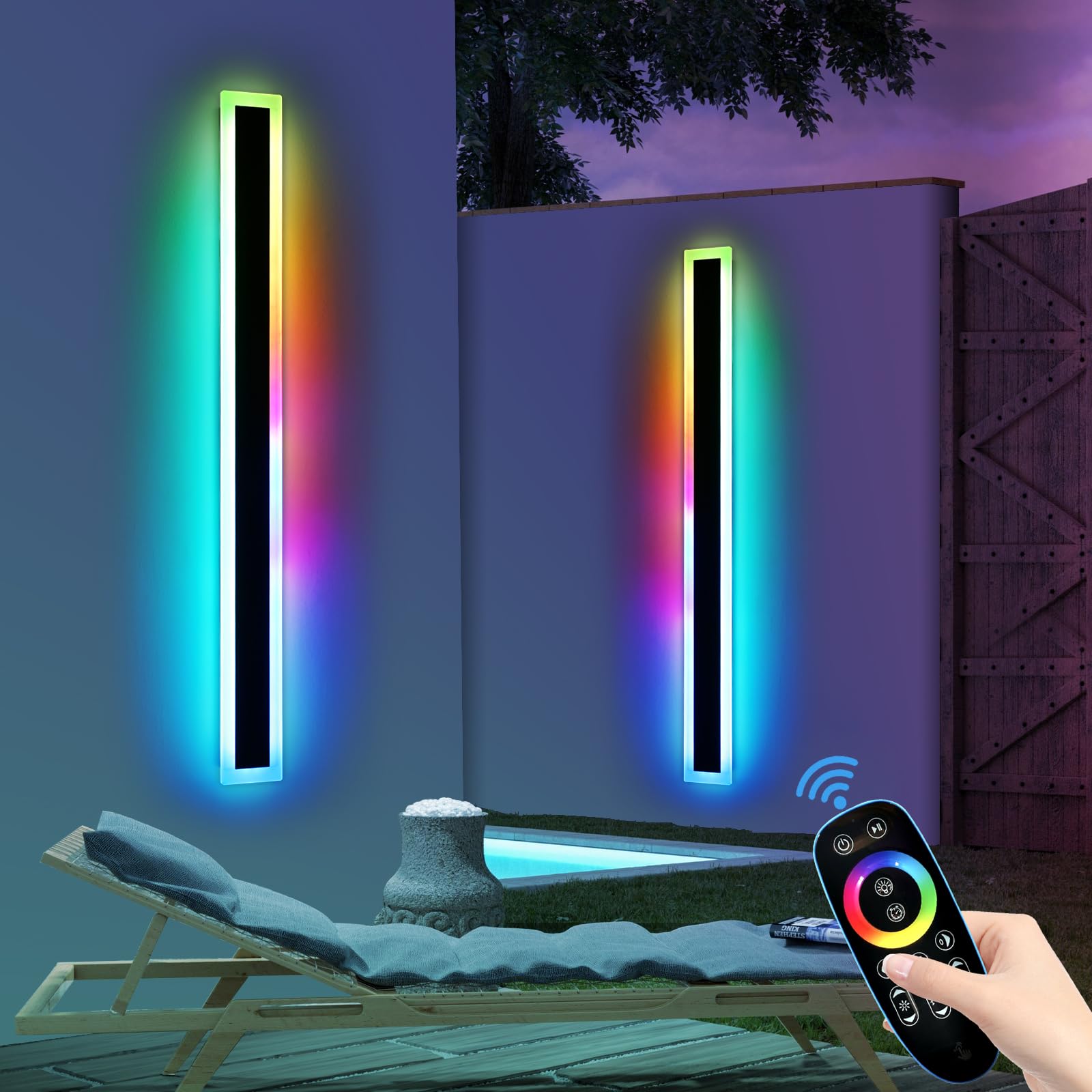 Widened 2 Pack Modern Exterior Lighting Fixtures, 57inch RGB Dimmable Outdoor Wall Sconces, 10 Colors, 5 Modes, IP65 Waterproof,