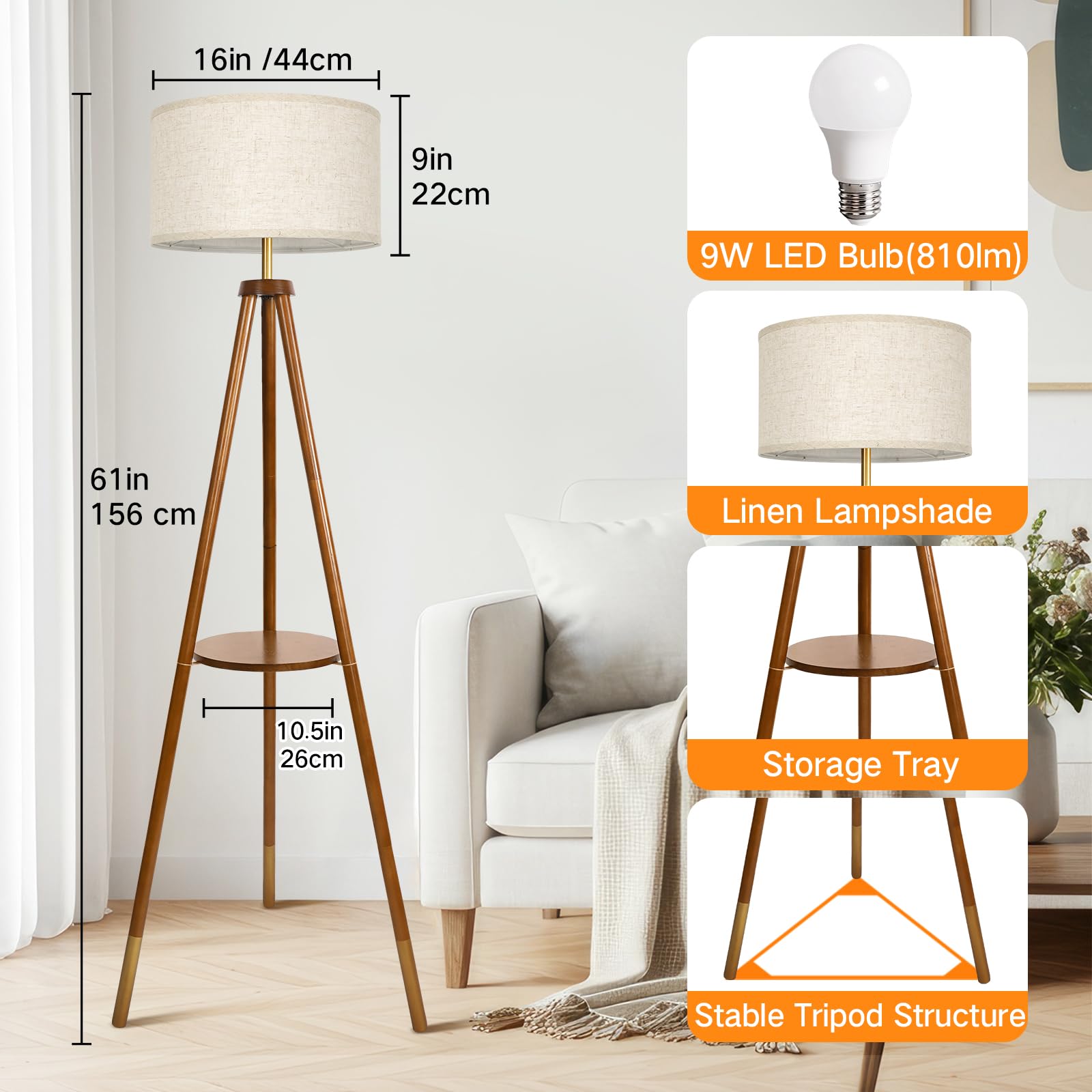 OUTON Wood Tripod Floor Lamp with Remote Control, Dimmable LED, 4 Color Temperatures, Walnut & Gold