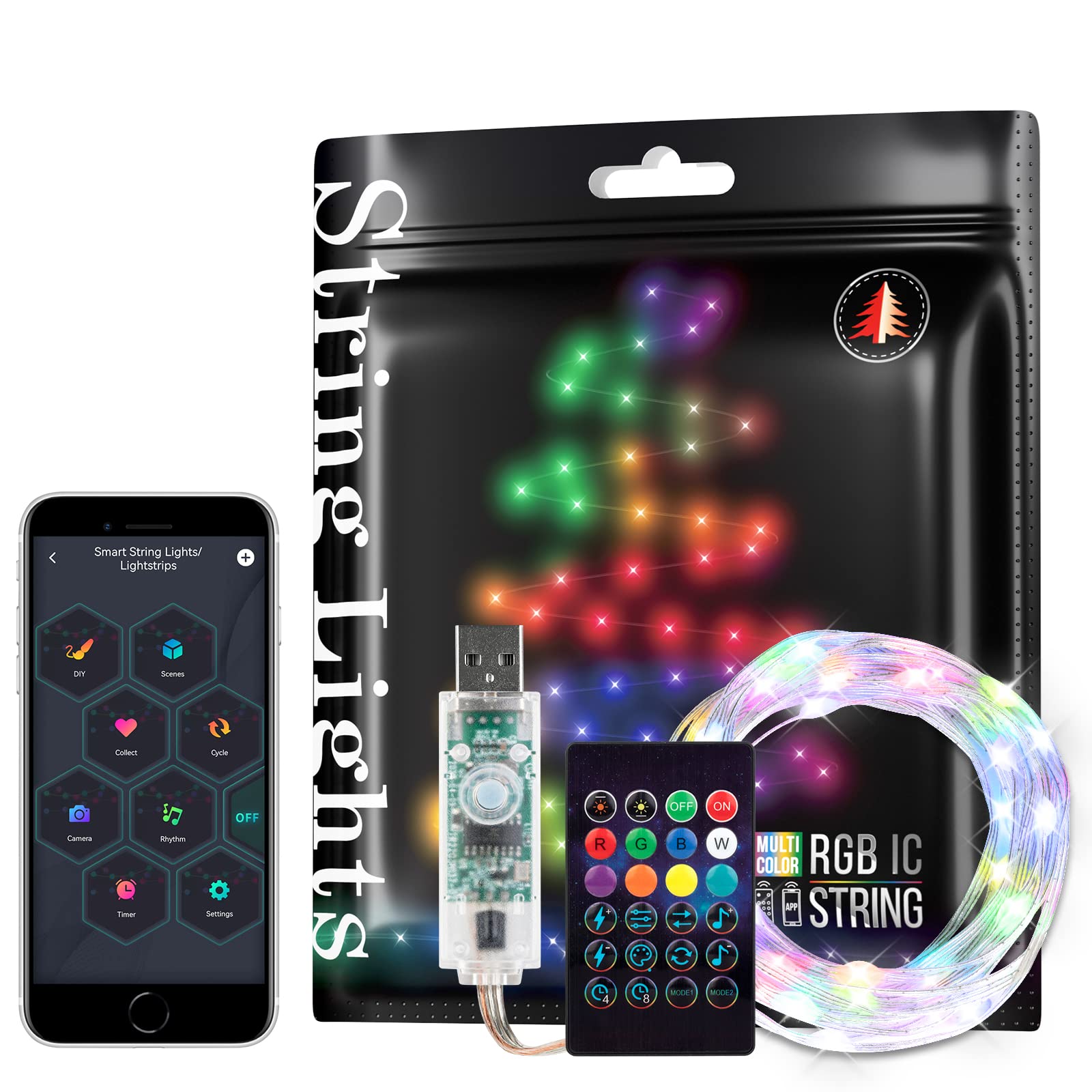 Smart Fairy String Lights RGB IC WS2812B IC 6.5FT USB Bluetooth Twinkle with Timer and Remote, Music Sync Funny Modes Color Chas