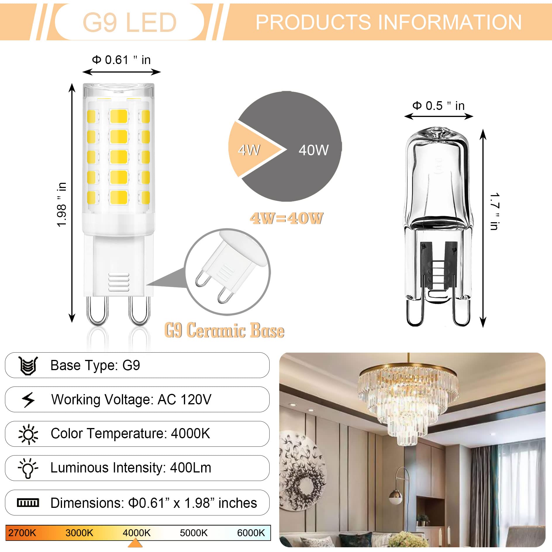 Winshine G9 Led Bulb, 4000K Natural White Bi Pin Base 4W 40W Halogen Equivalent G9 Base, Led G9 Light Bulb For Crystal Chandeliers, 360 Degree Beam Angle 400Lm For Home Lighting, Non-Dimmable 6 Pack