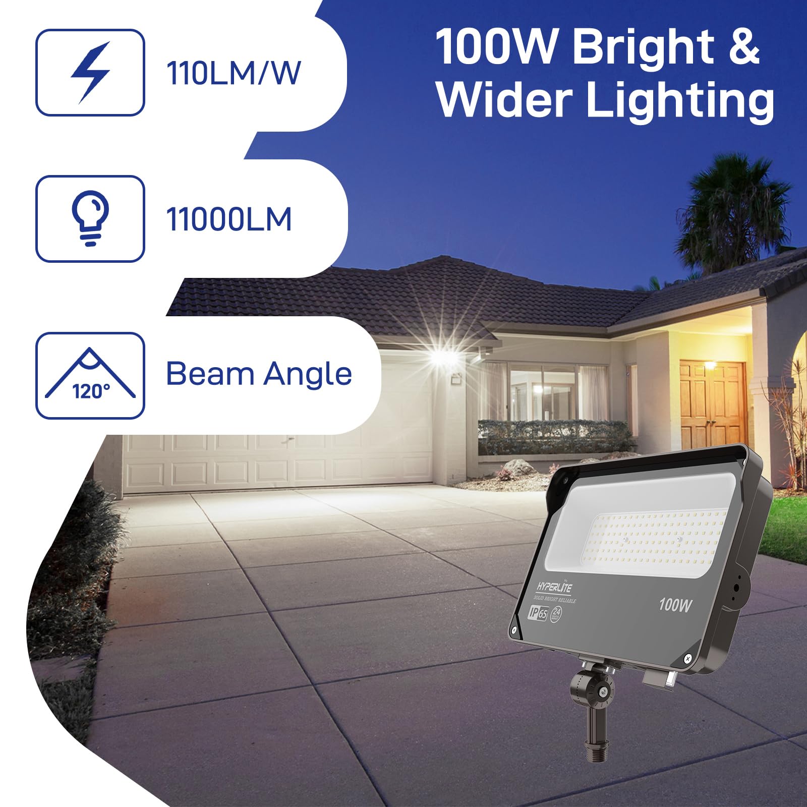 Hyperlite Led Flood Light With Dusk To Dawn Photocell, 11000Lm Led Security Flood Lights Outdoor, 5000K Daylight Ip65 Waterproof