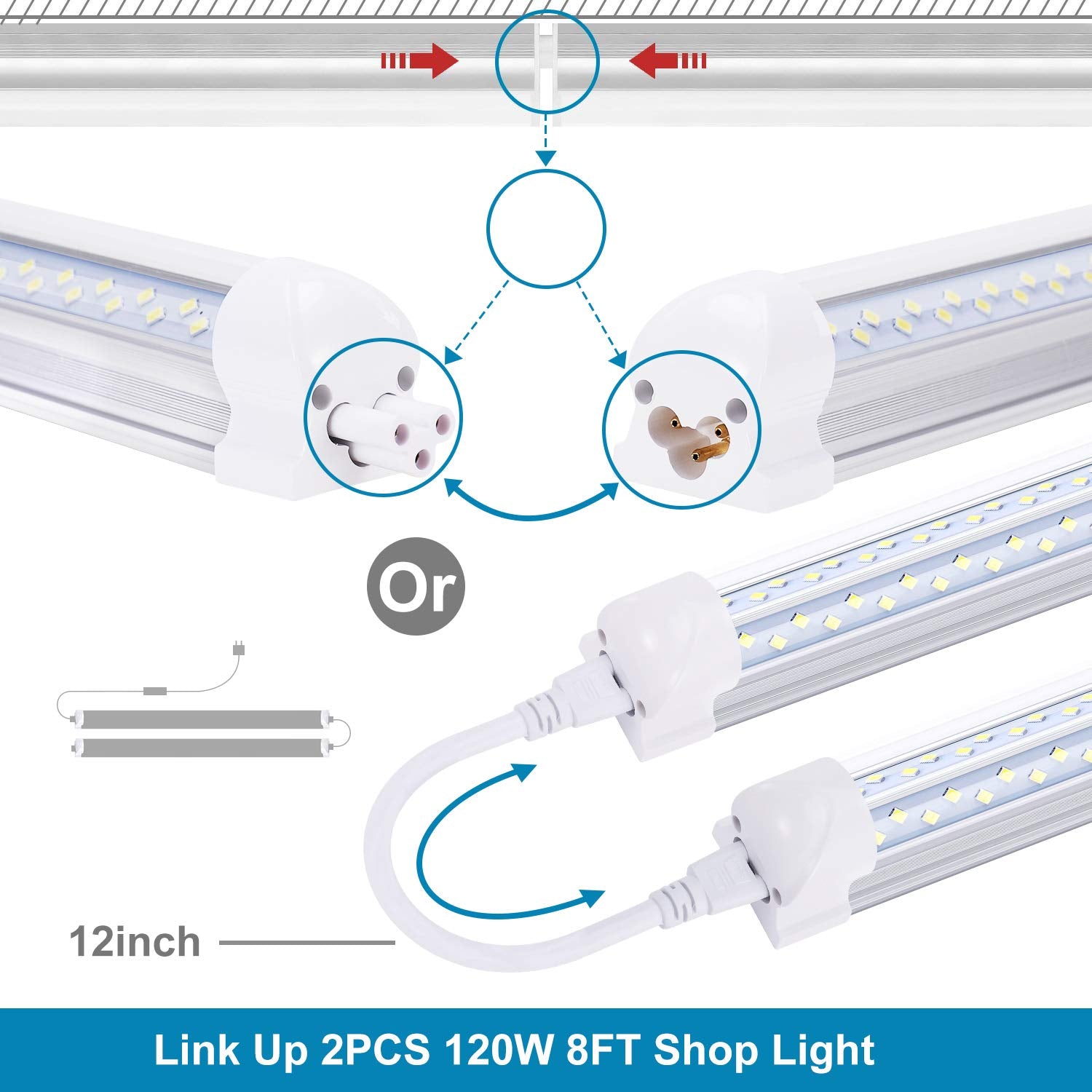 Ligheart 8Ft Led Shop Light (20-Pack) - 120W, 14400Lm, 6000K Cold White, T8 Linkable Tube Lights - V Shape Clear Lens, 96'' Inte