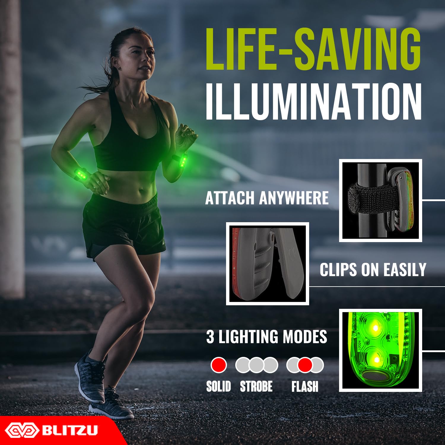 BLITZU 4 Pack LED Safety Lights - Green Clip-On Reflective Gear for High Visibility in Night Walking, Running, Cycling, and Hiking