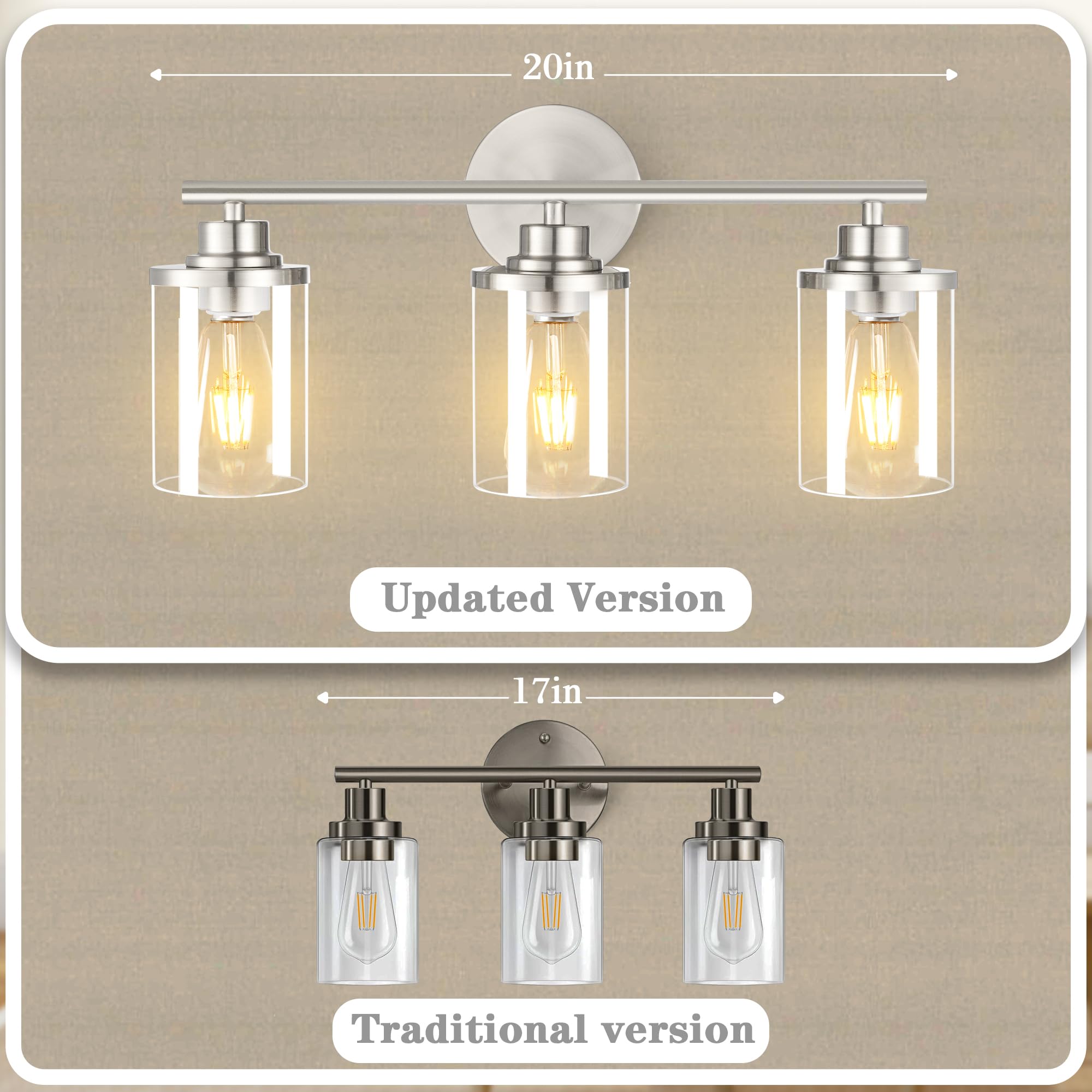 Porphyions Bathroom Light Fixtures,Vanity Lights,Brushed Nickel Bathroom Lights Over Mirror,Nickel Vanity Light For Bathroom,20'' Brushed Nickel 3-Light Modern Bathroom Sconce