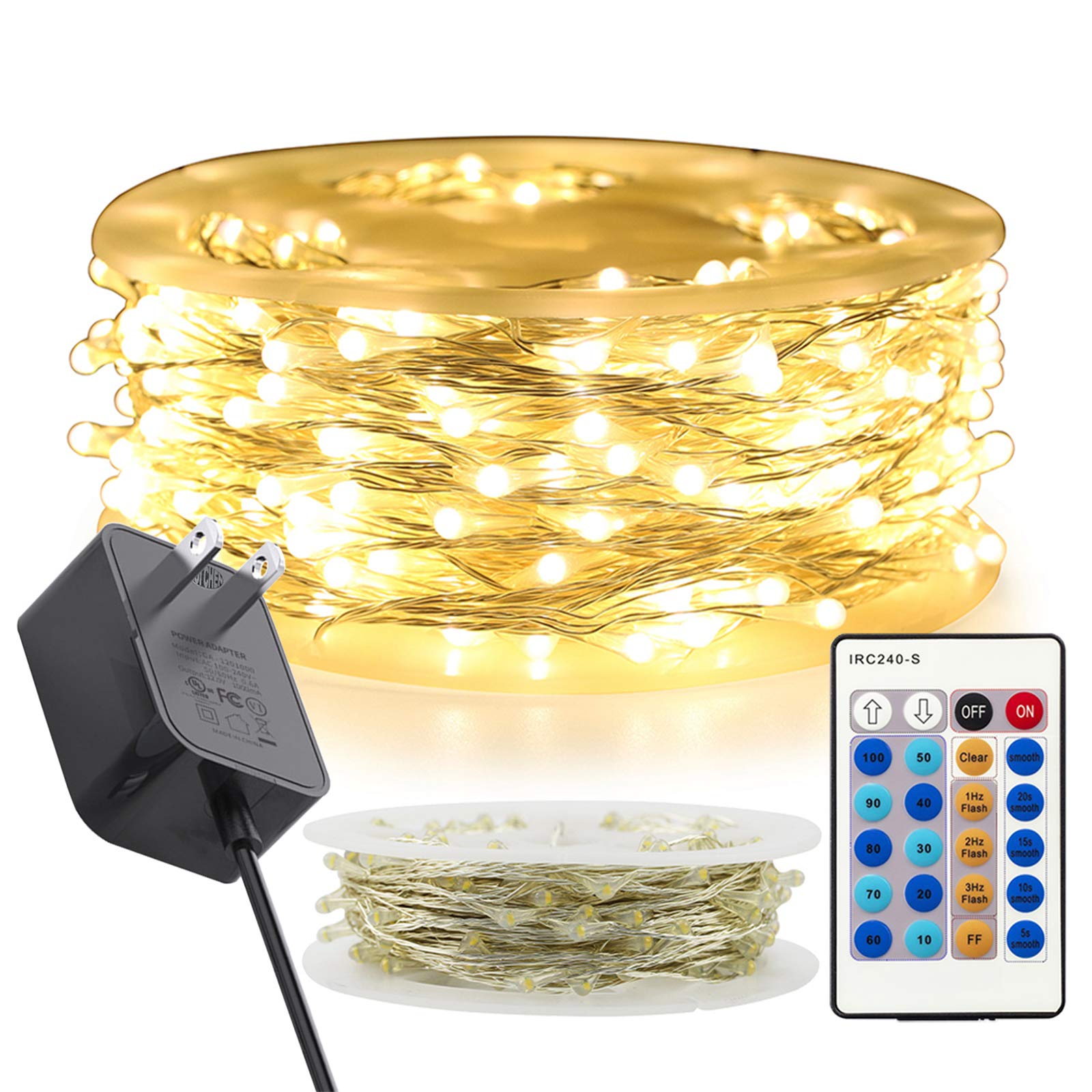 RUICHEN Fairy Lights, 99FT 300 LED Warm White Dimmable String Lights, Waterproof Silver Wire, Model SR-30M300L