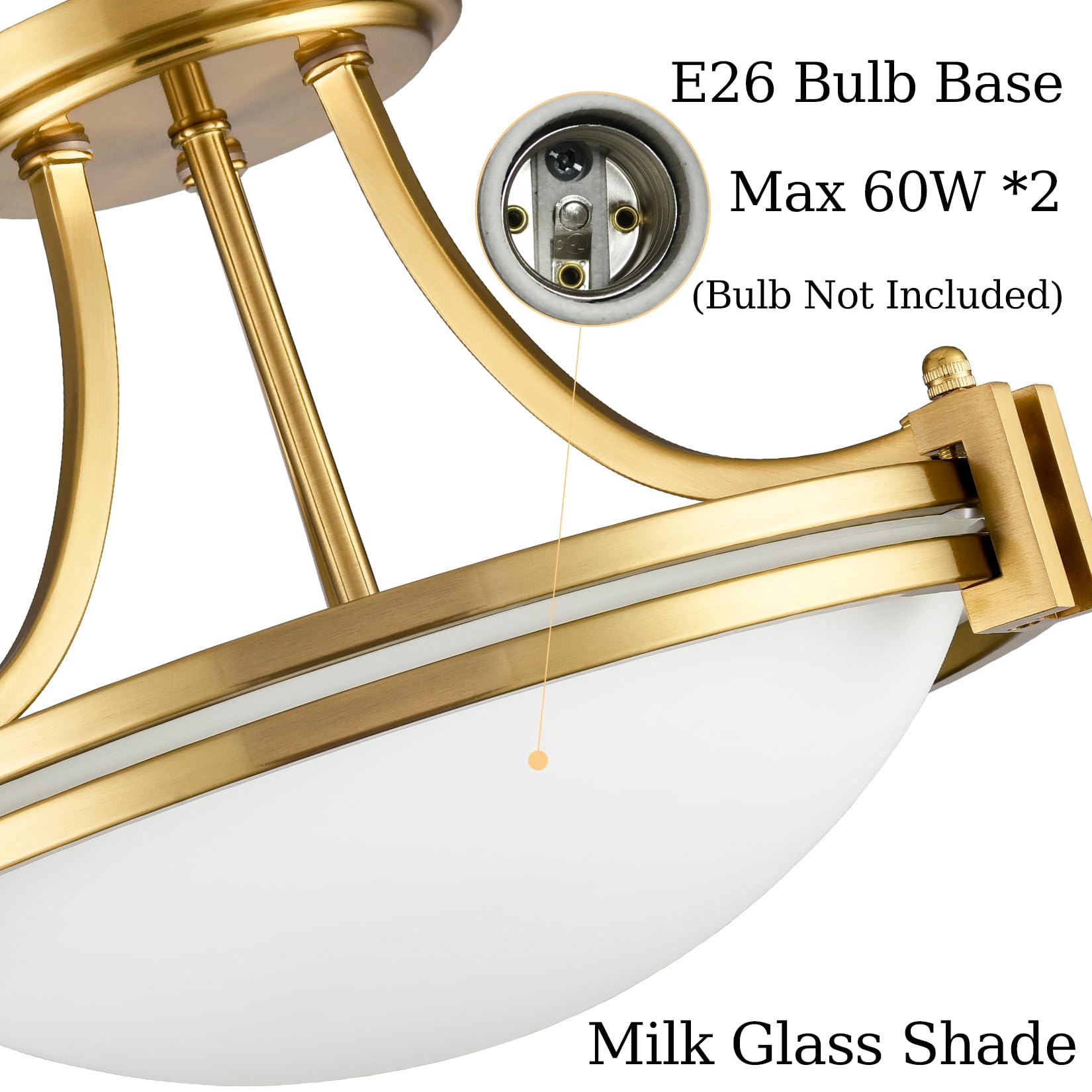 Teenyo 12-Inch Brass Semi Flush Mount Ceiling Light Milk Glass Light Fixture Mid Century 2-Light Gold Glass Ceiling Light For Ha