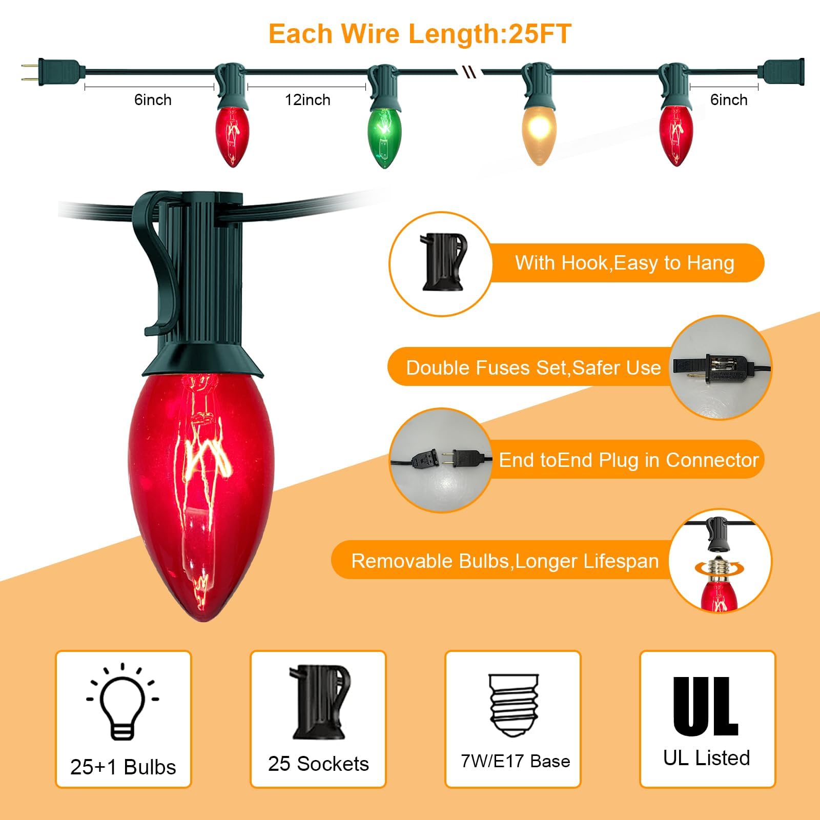 25Ft C9 Christmas Multicolor String Lights, Vintage Christmas Lights With 27 C9 Clear Red/Green/Frosted White Bulbs, Outdoor Han