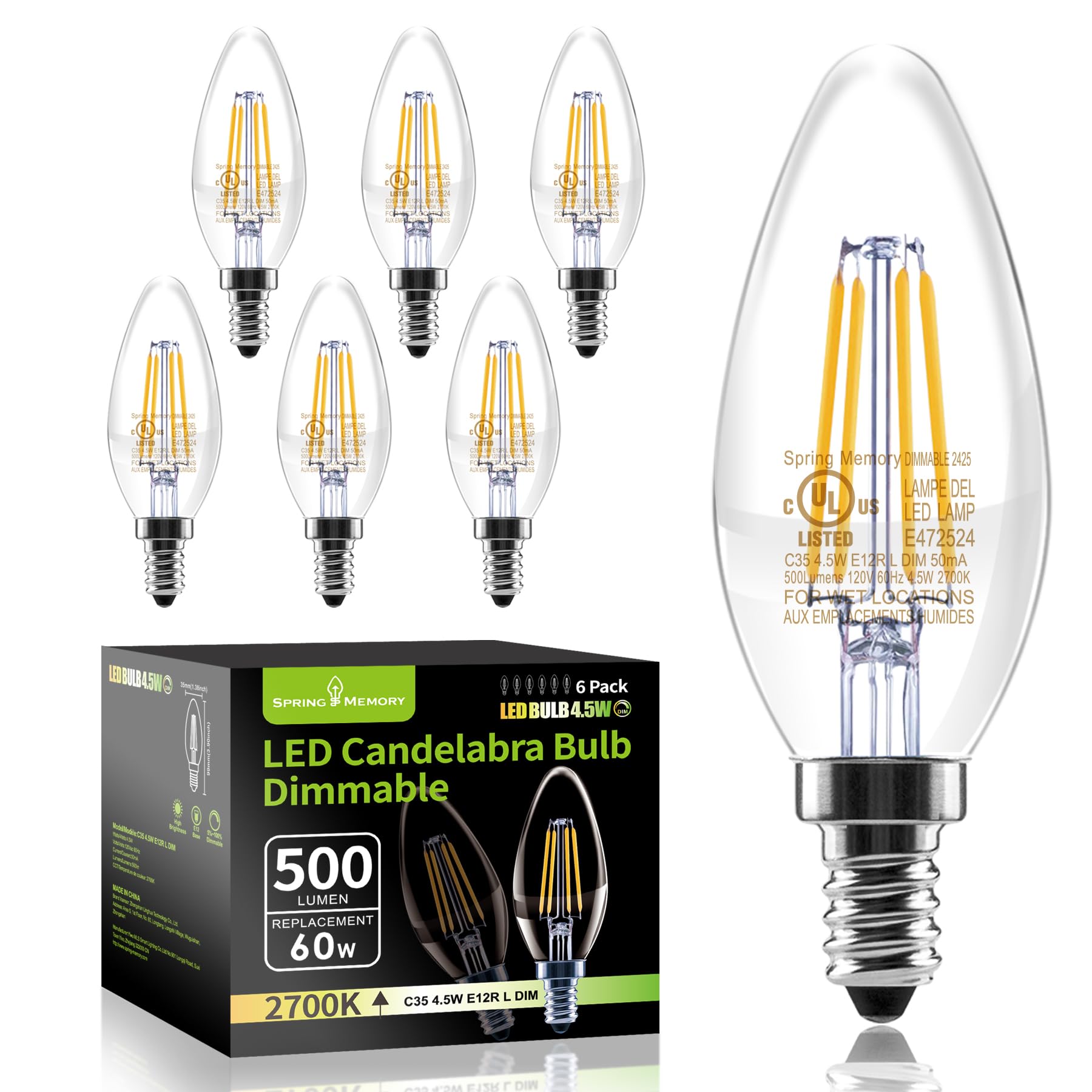 Spring Memory E12 Dimmable 60W Equivalent LED Chandelier Light Bulbs, 4.5W Clear 2700K Soft Warm White 500LM B11 Vintage Filamen