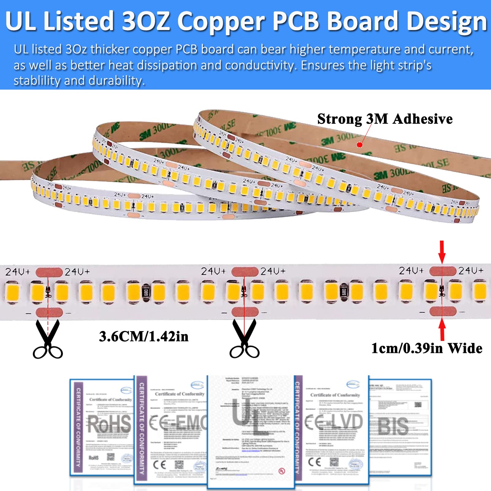 Joylit 24V Led Strip Lights 16.4Ft, 5000K, 224 Leds/M, Dimmable