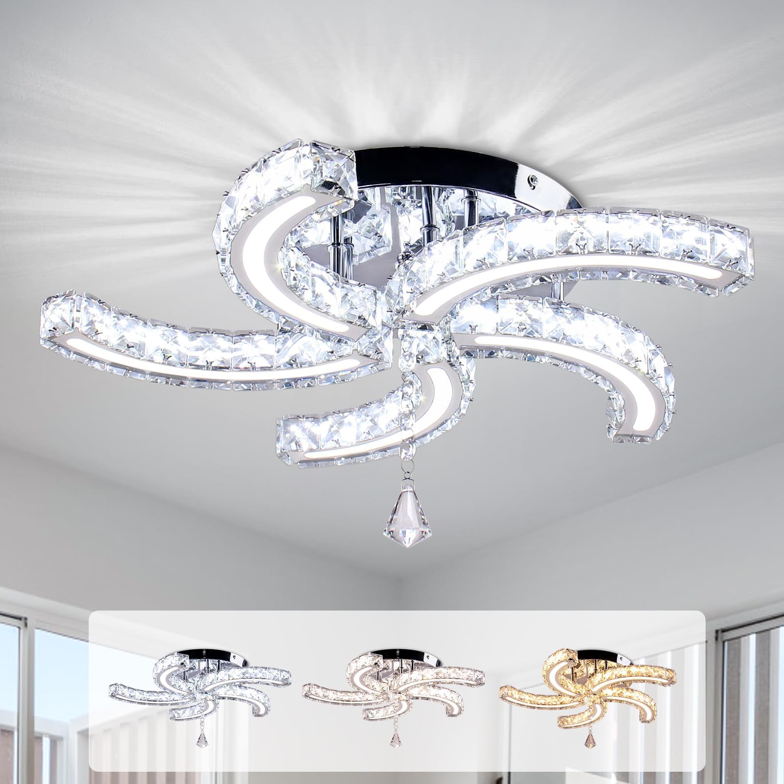 Cainjiazh Crystal Chandelier 19.7    Crystal Ceiling Light Acrylic Modern Chandeliers 5 Arms Led Flush Mount Ceiling Light Fixtu