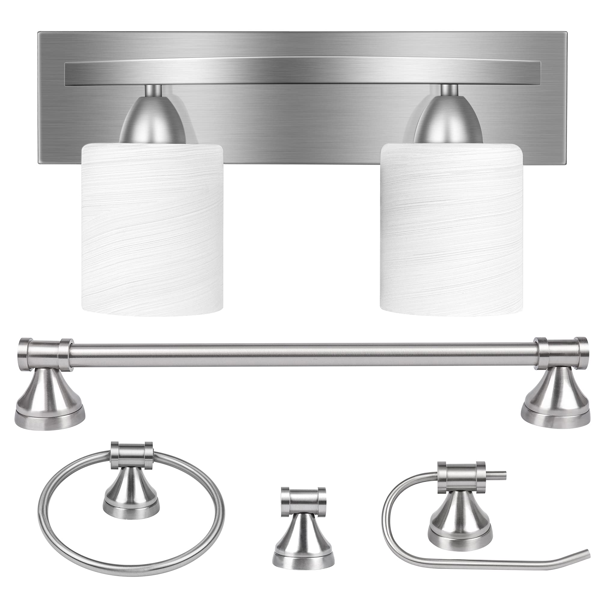 Partphoner 2-Light Bathroom Vanity Light Fixture Set, Brushed Nickel With Glass, 5 Pieces