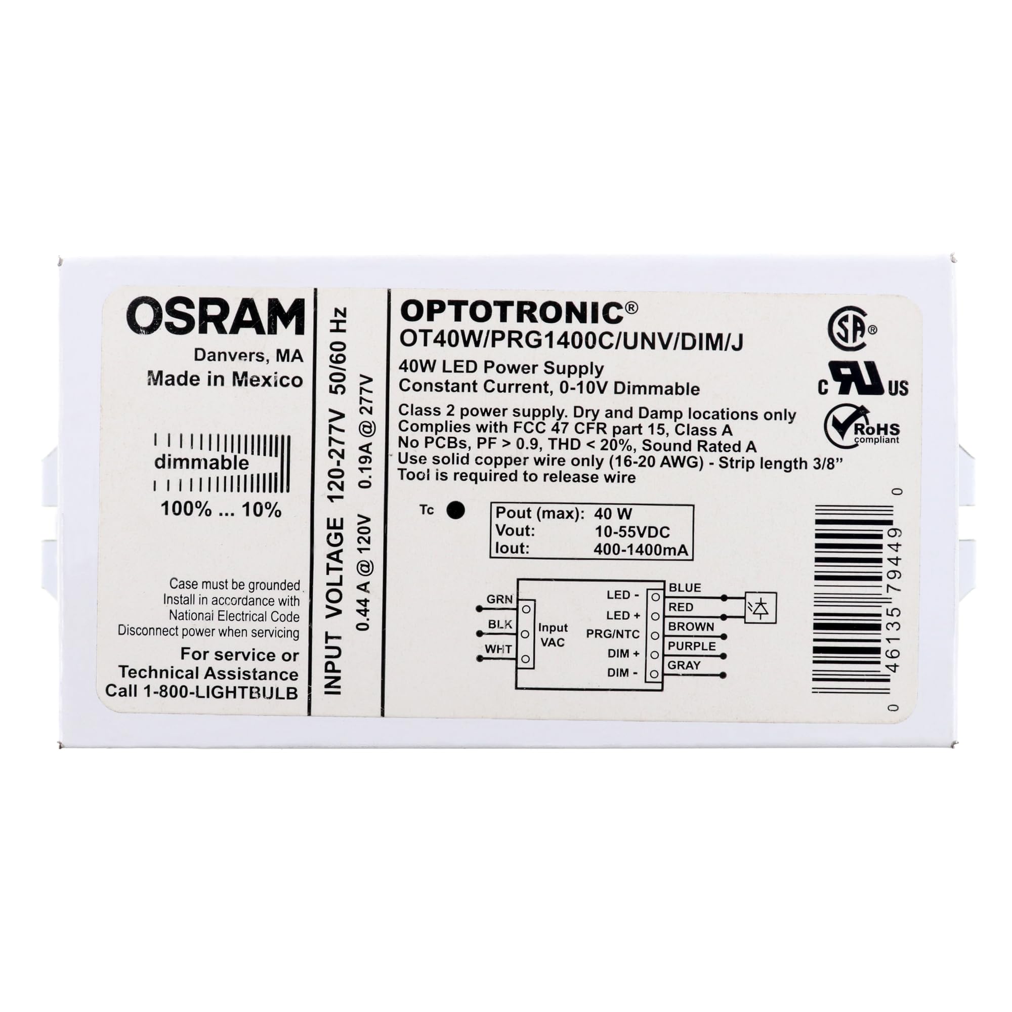 SYLVANIA Dimmable LED Power Supply 40W 120/277V Model 79449 White Plastic