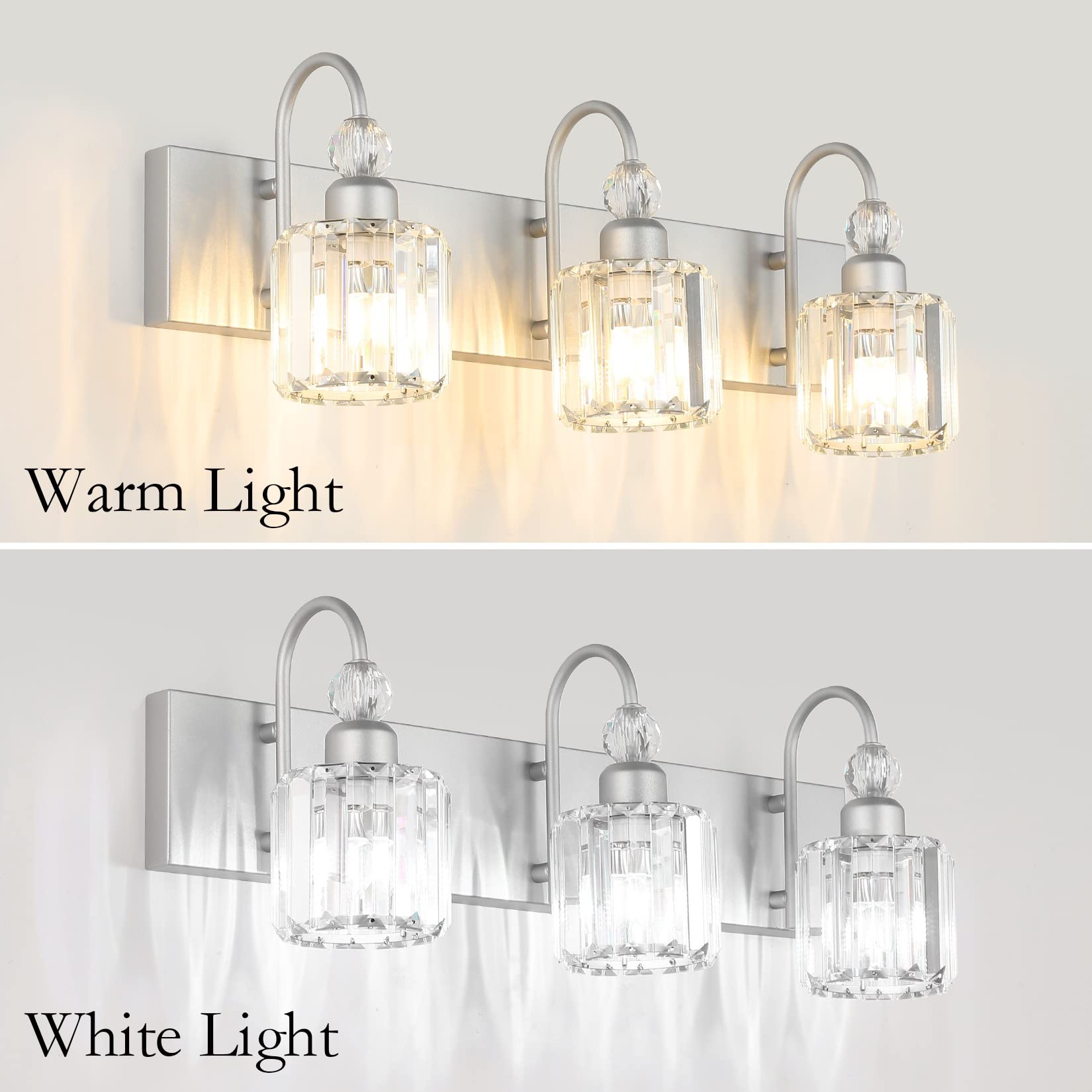 Ralbay Crystal Vanity Light - 3 Light, 24'' Modern Silver Bathroom Vanity Light Fixtures Over Mirror Wall Lights